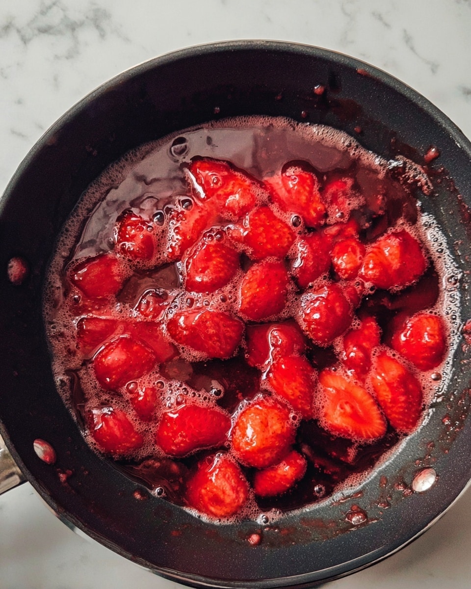 The image shows a black frying pan with bright red strawberries cooking inside. The strawberries are soft and shiny, releasing juice that bubbles slightly around them. The texture is thick and syrupy with some strawberry pieces still holding their shape, while others are more mashed. The pan's surface has a few dark spots mixed with the glossy red color from the cooking strawberries. The background is a white marbled texture. photo taken with an iphone --ar 4:5 --v 7
