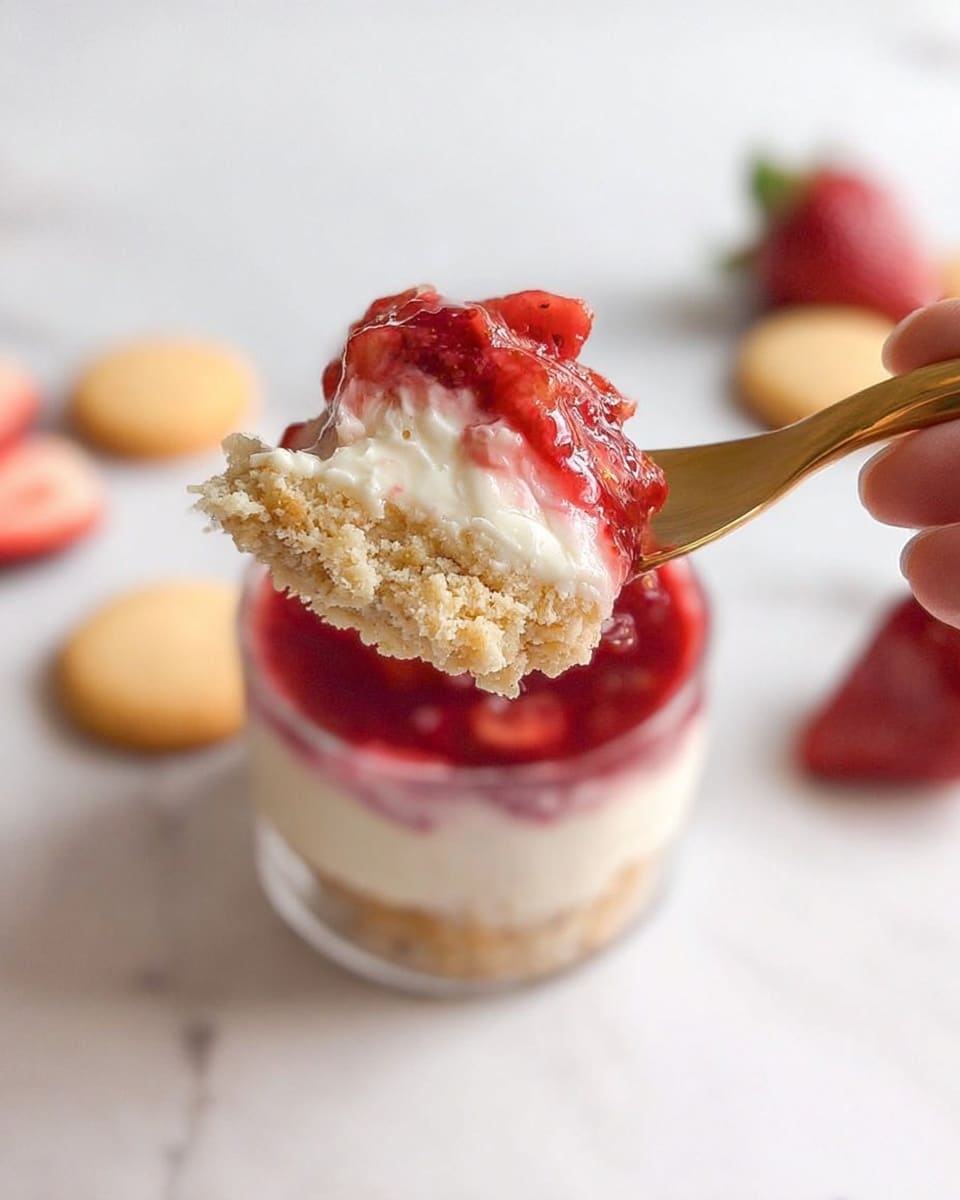 A close-up of a dessert held by a woman's hand using a gold spoon, showing three layers: a crumbly light beige base, a thick creamy white middle layer, and a bright red chunky strawberry topping that looks juicy and slightly glossy. The background has a white marbled texture with blurred whole strawberries and round beige cookies scattered around, creating a soft and clean look. Photo taken with an iphone --ar 4:5 --v 7
