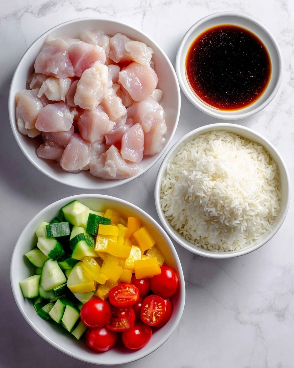 The image shows four white bowls arranged on a white marbled surface. The top left bowl is filled with many pieces of raw light pink chicken chunks with some white fat parts visible. To its right, a smaller bowl holds a dark brown soy-based sauce with a shiny, smooth surface. Below the sauce bowl, another white bowl contains a mound of fine, fluffy white rice with individual grains visible. The bottom bowl is larger and filled with colorful chopped vegetables including green cucumber cubes, bright yellow bell pepper chunks, and halved red cherry tomatoes, all looking fresh and vibrant. Photo taken with an iphone --ar 4:5 --v 7