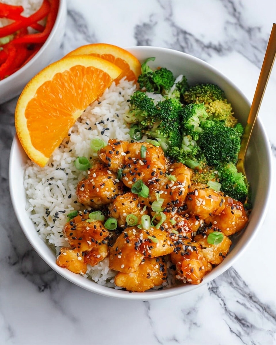 A white bowl contains three main layers visible from above: the bottom layer is fluffy white rice covering half of the bowl, the second layer is bright green broccoli pieces arranged on one side, and the top layer is golden-orange pieces of glazed chicken placed in the center, sprinkled with black and white sesame seeds, and small green sliced scallions. On one side of the bowl, thin red pepper strips add a pop of color, and a wedge of bright orange sits on the edge of the bowl. A gold spoon rests inside the bowl on the right side. The bowl sits on a white marbled texture surface. Photo taken with an iphone --ar 4:5 --v 7