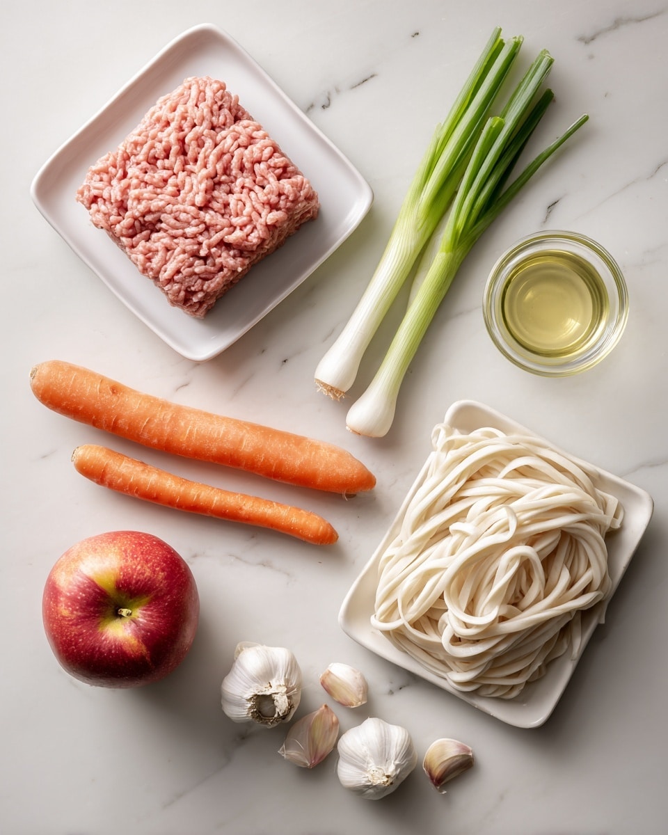 The image shows a pan filled with thick, yellowish noodles mixed evenly with browned ground meat and small pieces of green onion scattered throughout. The noodles are glossy and slightly curled, sitting on top of a mix of finely crumbled meat that looks well cooked and seasoned. The green onions add a touch of fresh green color, contrasting the brown meat and pale noodles. The pan is black and placed on a worn wooden surface. photo taken with an iphone --ar 4:5 --v 7