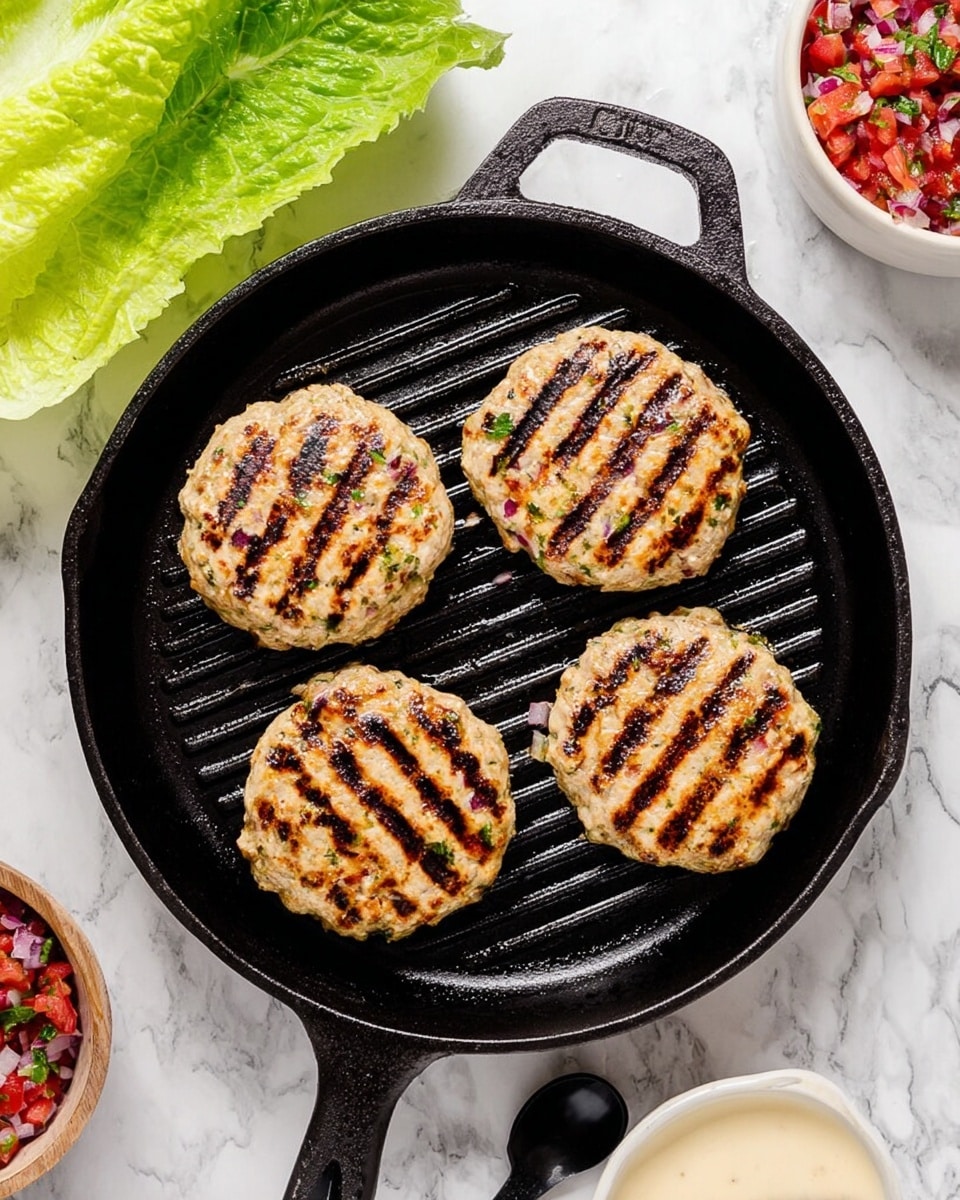 Four round grilled patties, each showing clear dark grill lines, sit evenly spaced inside a black cast iron grill pan with two handles. The patties have a light golden color mixed with small bits of red onion and green herbs visible throughout the texture. Around the pan on a white marbled surface, there is a large fresh green lettuce leaf in the top left, a small white bowl with chunky red tomato and onion salsa with a black spoon at the bottom right, and at the top right corner, a small white bowl with a light creamy sauce. The photo has a bright and clean look, photo taken with an iphone --ar 4:5 --v 7