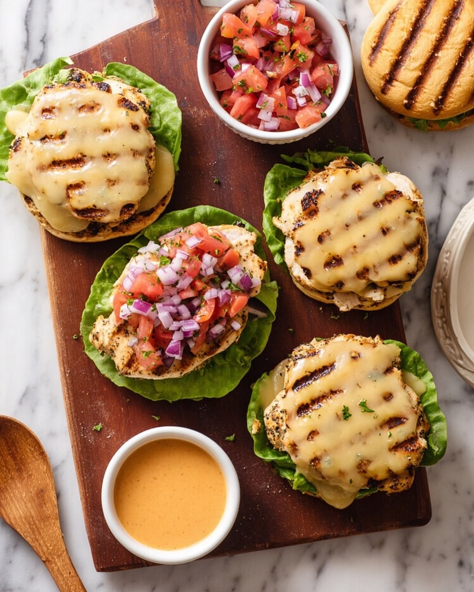 Four grilled chicken sandwiches are placed on a wooden board on a white marbled surface. Each sandwich has two layers: a bottom layer of bright green lettuce and a top layer of grilled chicken with light grill marks covered in melted pale yellow cheese. One sandwich is open-faced, showing diced red tomatoes and purple onions on the chicken. A small white bowl with diced tomatoes and onions is at the top left of the board. A small white cup with orange dipping sauce and a wooden spoon is at the bottom left. Part of a grilled white sandwich bun is visible at the top right. photo taken with an iphone --ar 4:5 --v 7