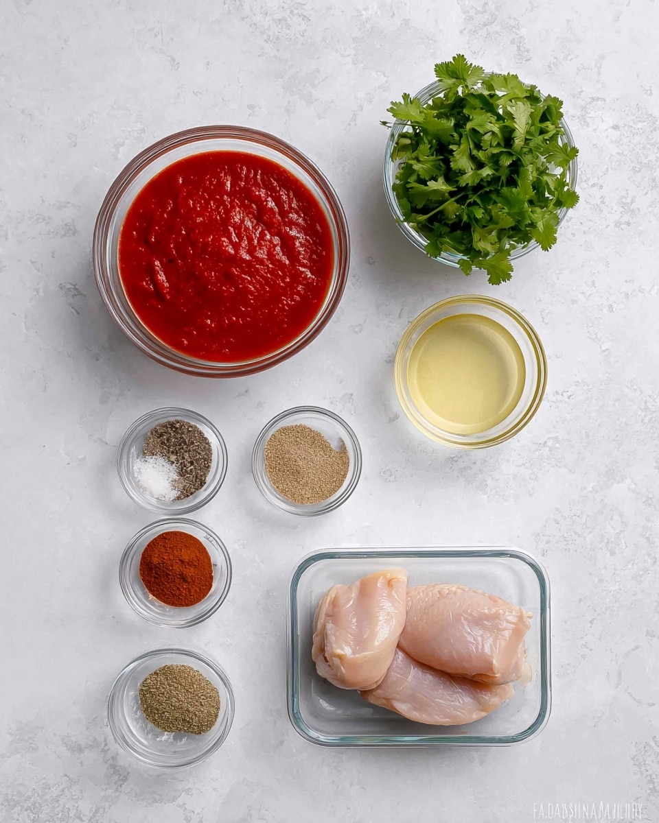 The image shows seven small clear glass bowls arranged on a white marbled surface. The largest bowl in the center holds bright red tomato sauce with a smooth texture. To the upper right of it is a bowl filled with fresh green cilantro leaves. Below the cilantro is a bowl of a light yellow liquid, likely lemon juice. To the bottom right of the tomato sauce is a rectangular clear container holding two raw pale pink chicken pieces. To the left of the tomato sauce are four small round bowls, each containing different spices: a reddish-brown powder, a medium brown powder, a coarse light-colored spice mix, and a mix of salt and black pepper. The layout is neat and organized, showing each ingredient clearly. Photo taken with an iphone --ar 4:5 --v 7