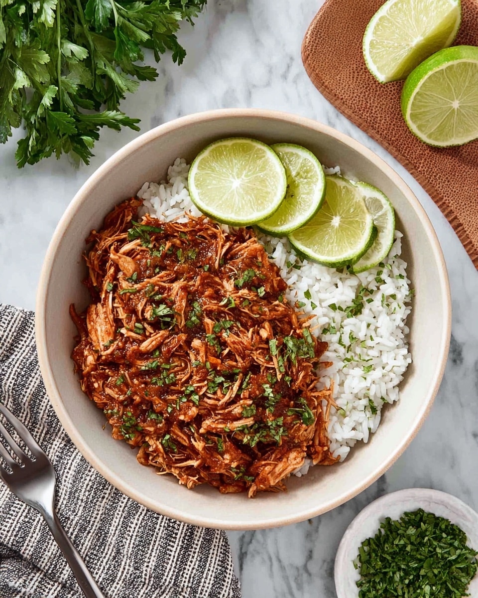 A white bowl filled with a base layer of white rice, topped with a thick layer of shredded meat in a reddish-brown sauce, sprinkled with small pieces of green herbs. On the edge of the bowl, there are three thinly sliced lime rounds placed neatly. The bowl sits on a white marbled surface with some fresh leafy green herbs above it, a slice of lime on a wooden board to the right, and a small white bowl with chopped green herbs and a lime wedge at the bottom left. A striped cloth napkin and a silver fork are placed beside the bowl. Photo taken with an iphone --ar 4:5 --v 7