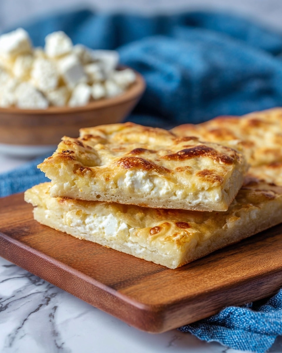 The dish shows two square slices of a baked flatbread stacked on a wooden board. The flatbread has a golden brown top layer with browned cheese spots and a slightly crispy texture. The middle layer is creamy white and soft, looking like melted cheese. The flatbread base is thin, light golden, and slightly firm. In the background, there are crumbly white cheese chunks and a blurred white bowl with more food, all set on a white marbled surface with a blue cloth partially under the board. Photo taken with an iphone --ar 4:5 --v 7