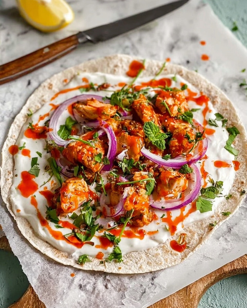 A whole wheat flatbread lies flat on a piece of brown parchment paper over a white marbled surface. On the flatbread is a base layer of white creamy sauce spread evenly. On top of the sauce, there are several chunks of orange-colored cooked chicken pieces with a slightly shiny texture. Scattered over the chicken are thin slices of purple-red onion and red chili, along with a few fresh green mint leaves for garnish. There are some small drops of bright orange sauce drizzled over the layers. A slice of lemon is placed on the right side of the flatbread near the edge. In the background, part of a white bowl with sliced onions and green herbs is visible along with a knife. Photo taken with an iphone --ar 4:5 --v 7