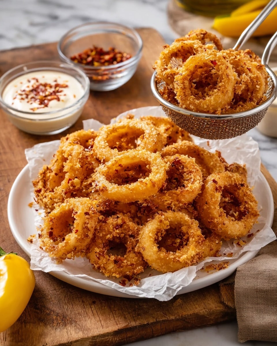 A white plate lined with white paper holds a large pile of golden brown, crispy fried onion rings, each ring showing a crunchy texture with bits of batter on the surface. Above the plate, a metal skimmer holds more of the same onion rings, showing their round shape and crunchy details. In the background to the left, two small glass bowls sit on a wooden table—one with a white creamy sauce with red spice sprinkled on top, and the other with red chili flakes. Two yellow peppers rest on the wooden surface in the bottom left corner. The whole scene is set on a white marbled surface. photo taken with an iphone --ar 4:5 --v 7