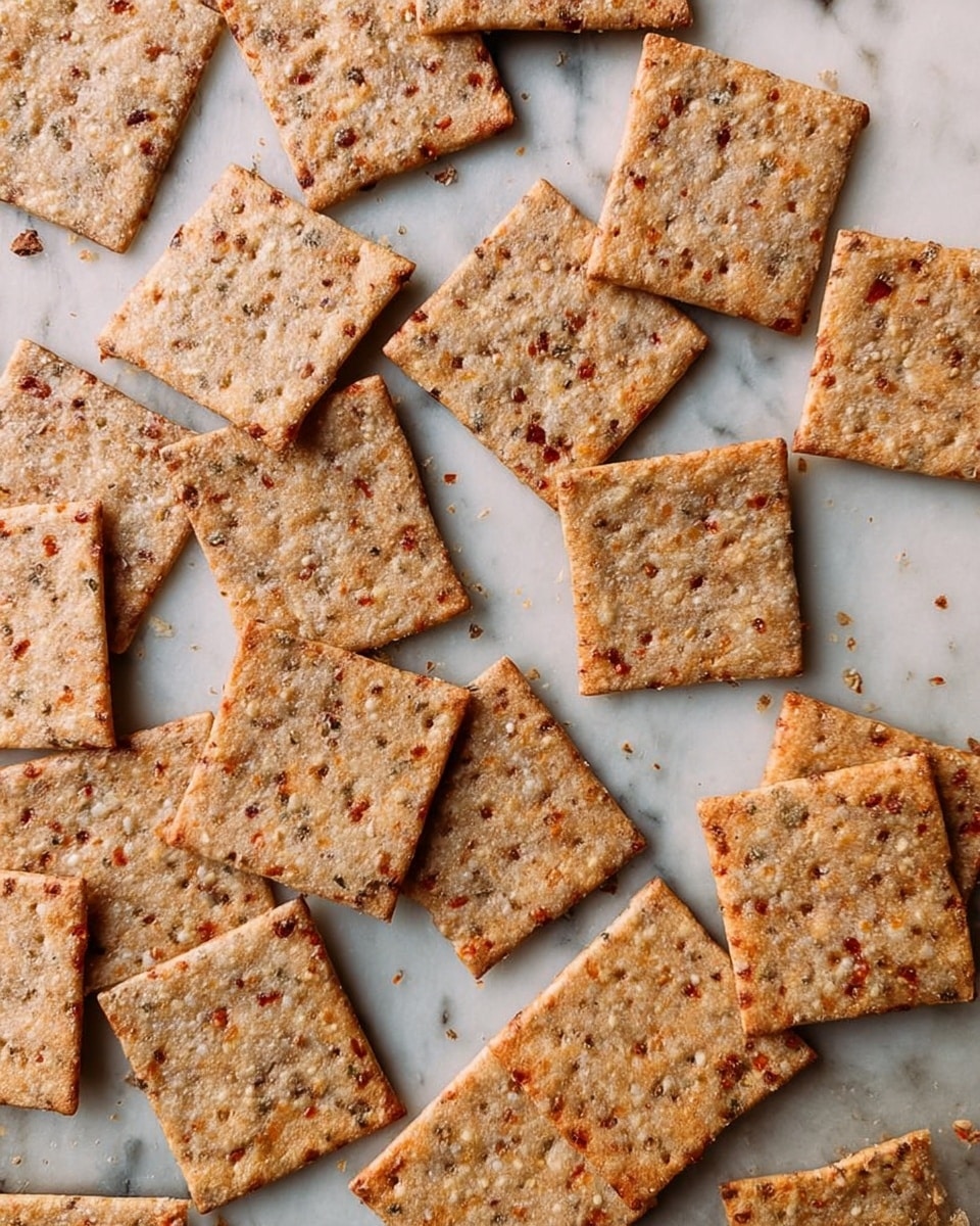The image shows many square crackers spread out on a white marbled surface. Each cracker has a light brown color with darker brown and reddish specks scattered throughout, giving them a slightly grainy and textured look. The crackers are thin and flat, arranged randomly with some overlapping slightly and others lying separately. The overall appearance is simple and rustic, focusing on the natural texture and color of the crackers. photo taken with an iphone --ar 4:5 --v 7