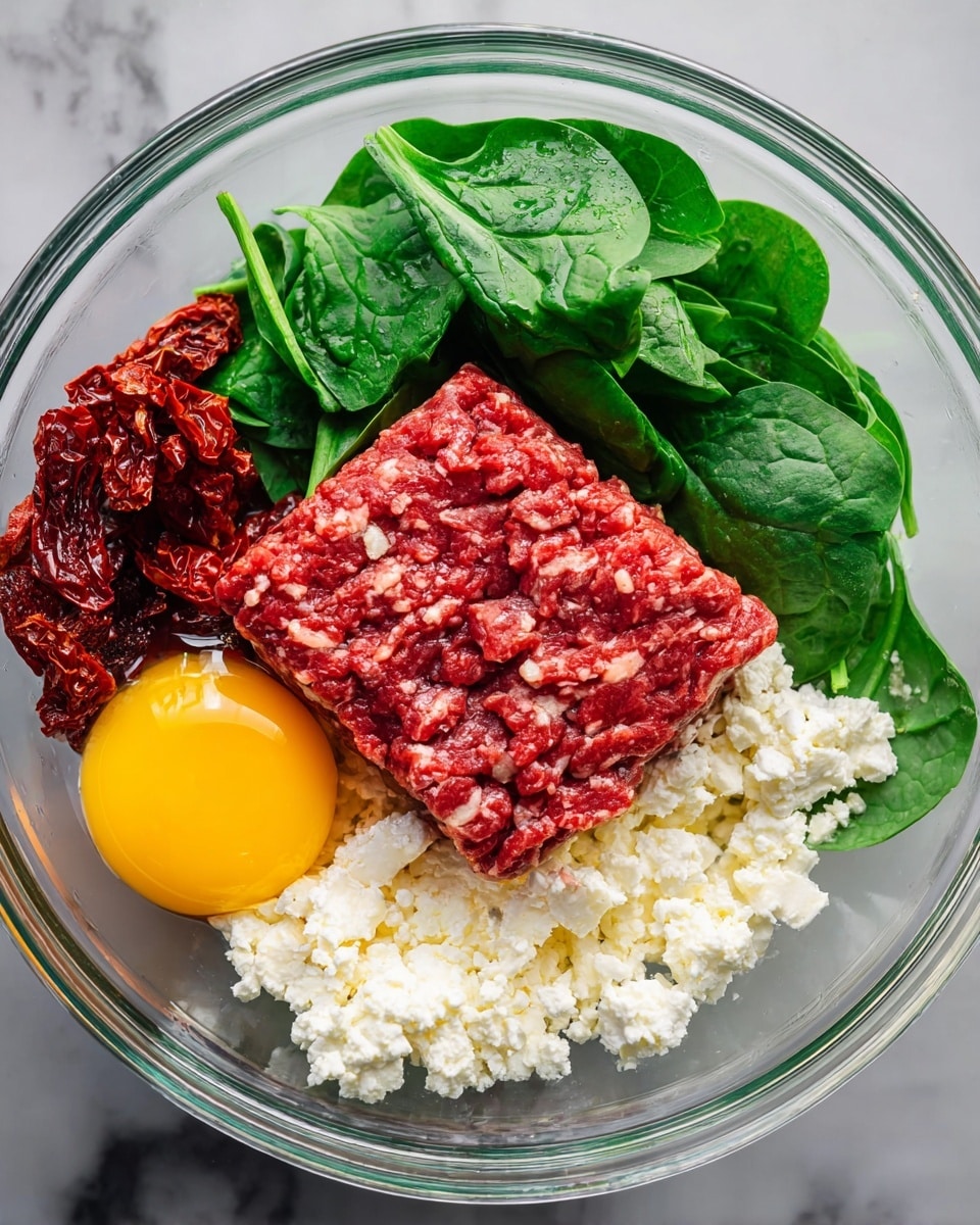 A clear glass bowl holds five main layers arranged side by side. On the left is a small pile of dark green fresh spinach leaves, with a bright yellow egg yolk resting on top near the bottom left. Next to the spinach is a rectangular slab of raw ground red meat, rich in color with visible small white fat bits, positioned centrally. To the right of the meat is a mound of crumbled white cheese with a soft texture. In the top left corner inside the bowl are scattered pieces of dried deep red sun-dried tomatoes. The bowl sits on a white marbled surface. photo taken with an iphone --ar 4:5 --v 7
