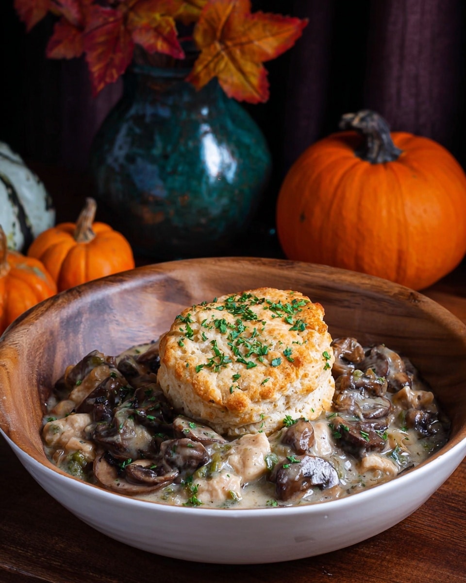 The image shows a red pan filled with a baked dish arranged in eight round biscuit-like golden brown layers on top, sprinkled with chopped green herbs. One piece is lifted by a spoon held by a woman's hand, revealing a creamy mixture underneath with chunks of light beige chicken, round brown mushrooms, and gravy. In the background, there are small orange pumpkins and autumn-colored leaves, adding an autumn feel. The whole scene is set against a white marbled surface. photo taken with an iphone --ar 4:5 --v 7