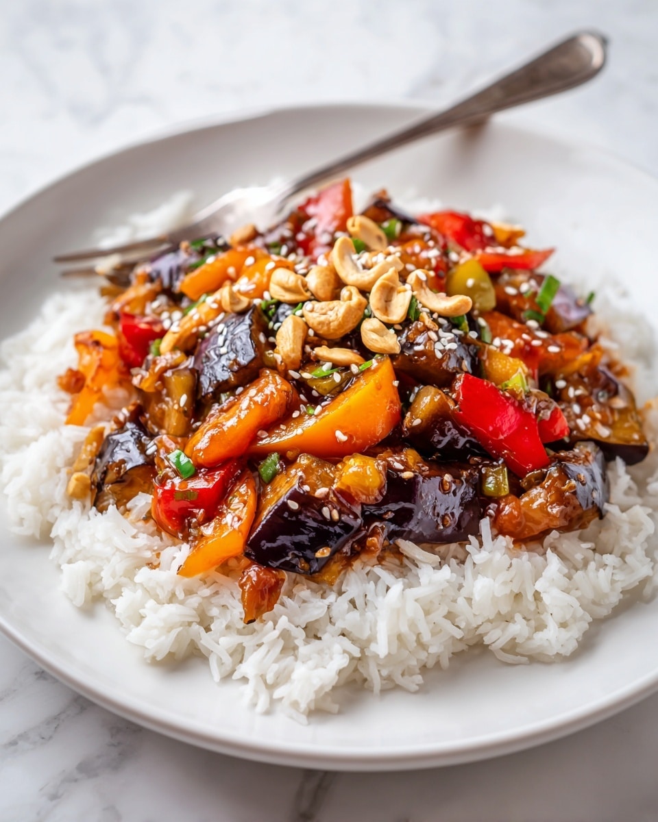 The image shows a white rectangular baking dish filled with a colorful roasted vegetable and chicken mix. The dish has about three main layers visible: the bottom layer features chunks of chicken with a light golden brown glaze, mixed evenly throughout a vibrant mix of vegetables including orange, yellow, and red bell peppers, along with purple onions. Scattered on top are cashew nuts and sprinkled white sesame seeds, with thin slices of green onions placed over everything for color contrast. A silver serving spoon rests inside the dish on the right side. The dish sits on a white marbled surface with a gray and white striped cloth placed nearby and small white bowls of chopped green onions and sesame seeds on the upper right corner. Photo taken with an iphone --ar 4:5 --v 7