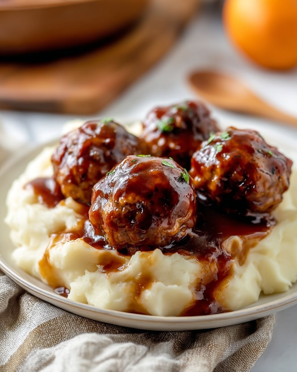 The image shows a close-up of five meatballs sitting on a bed of creamy mashed potatoes. The meatballs are coated with a thick, shiny brown sauce that drips slightly over the mashed potatoes below. The mashed potatoes have a soft, smooth texture with a light cream color. The dish is served on a white plate that has a subtle shine on the edge and is placed on a white marbled surface. In the blurred background, a round orange and a wooden spoon can be seen. photo taken with an iphone --ar 4:5 --v 7