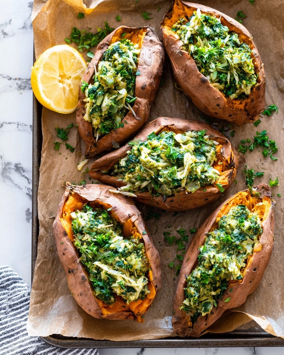 The image shows four baked sweet potatoes with wrinkled brown skin split open lengthwise, each filled with a chunky green and white mixture that looks like chopped herbs and shredded vegetables. The sweet orange flesh of the potatoes is visible beneath the filling. The potatoes rest on parchment paper inside a baking tray, with some chopped green herbs scattered around them. A half lemon with pale yellow flesh sits on the top left beside the potatoes. The background shows a white marbled surface and a bit of a striped cloth on the left side. photo taken with an iphone --ar 4:5 --v 7