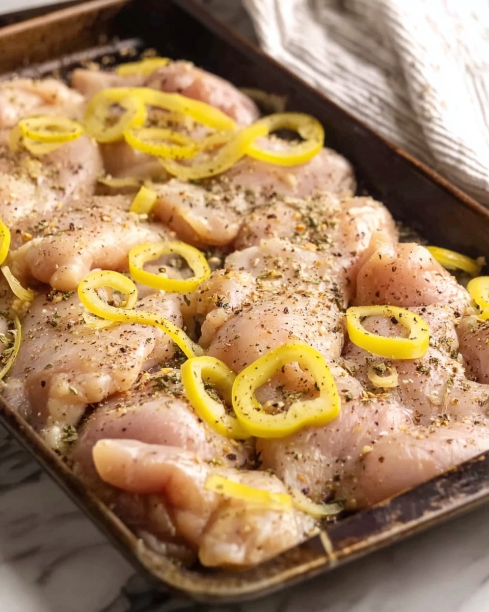 This image shows a close-up of raw chicken pieces spread out in one layer on a dark metal baking tray. The chicken pieces are light pink with some seasoning of black pepper and herbs sprinkled evenly on top. Thin rings of pale yellow banana peppers are scattered over the chicken. The tray sits on a white marbled surface with a light striped cloth partially visible in the top right corner. The focus is on the texture of the chicken and the bright yellow pepper rings photo taken with an iphone --ar 4:5 --v 7