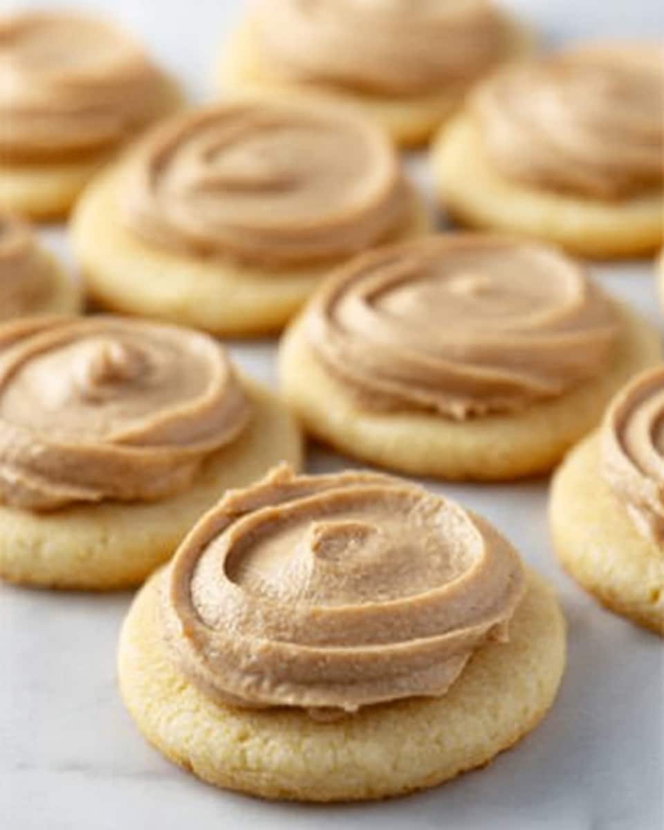 The image shows several round cookies arranged closely on a white marbled surface. Each cookie has two layers: a pale yellow base that looks soft and crumbly, topped with a thick swirl of smooth, light brown frosting. The frosting has a slightly textured surface with gentle swirls. The cookies are evenly spaced, creating a pleasing pattern, and the focus is on the front cookies with the back ones softly blurred. photo taken with an iphone --ar 4:5 --v 7