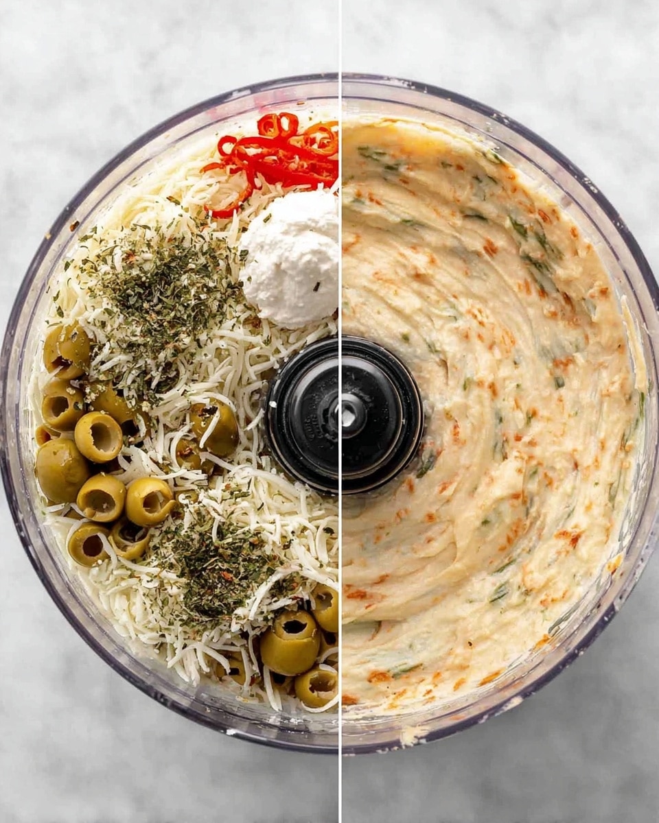 The image shows two views of a clear food processor bowl on a white marbled surface. The left side has many layers: bright green olives with red pimientos on the top right, a white creamy layer on the top left, shredded white cheese spread around, and a sprinkle of green and black dried herbs and spices scattered mainly on the bottom left and center. The bowl's black blade holder is visible in the middle. The right side shows the same bowl after the ingredients have been mixed into a creamy, light beige spread with small green and orange bits visible throughout, the bowl edge slightly smeared with the blend, and the black blade holder still in the center. Photo taken with an iphone --ar 4:5 --v 7