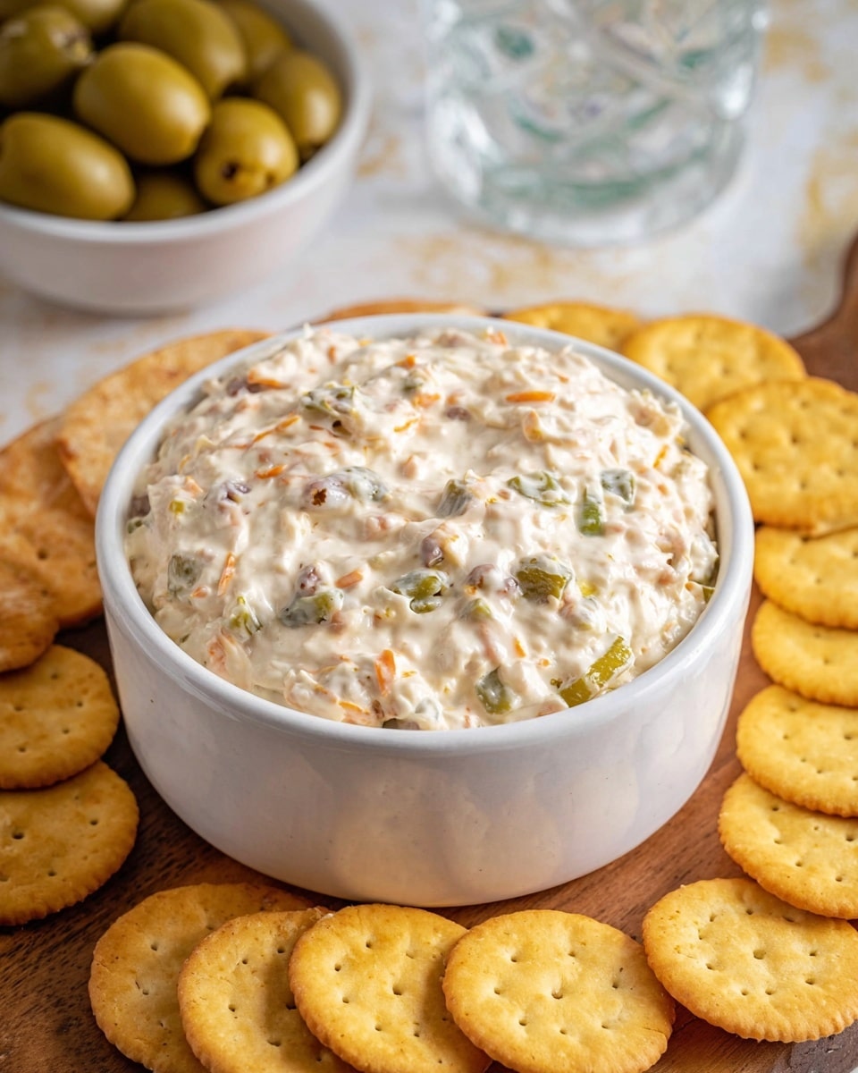A white cup filled with a thick, creamy dip that has small green and orange bits spread evenly throughout, giving it a slightly chunky texture. The cup sits on a wooden board surrounded by round golden yellow crackers arranged in an overlapping circle. In the background, a white bowl with green olives and a transparent glass are visible against a white marbled surface. The overall focus is on the dip and crackers with bright, natural lighting. photo taken with an iphone --ar 4:5 --v 7