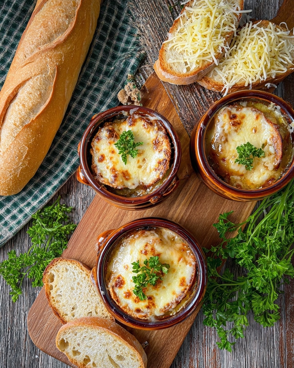 The image shows three small round brown dishes filled with layers of French onion soup, topped with golden melted cheese and toasted bread slices, each garnished with a small bunch of fresh green parsley. On the left, there is a long crusty baguette with a light brown crust resting on a green and white checked cloth. Beside the baguette, slices of toasted bread are topped with shredded cheese. All items are placed on a wooden board set on a textured wooden surface. The background has sprigs of fresh parsley visible. photo taken with an iphone --ar 4:5 --v 7