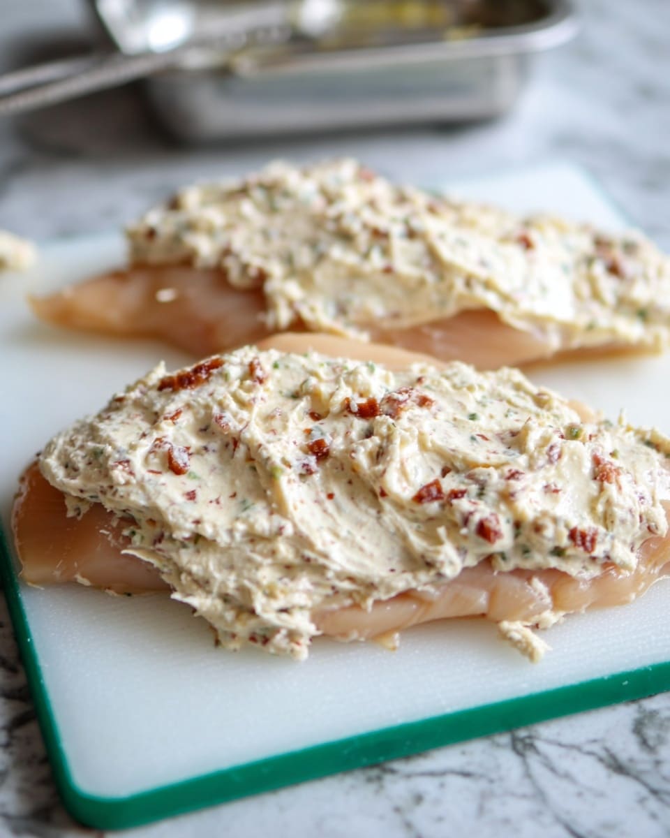 The image shows two flat light beige raw chicken pieces laid out on a white cutting board with a green edge on a white marbled surface. Each piece has a thick, creamy white mixture spread generously on top, dotted with small brown and green bits. The creamy layer appears textured and uneven, covering most of the visible chicken surfaces. In the background, a metal container is slightly out of focus, emphasizing the foreground. photo taken with an iphone --ar 4:5 --v 7