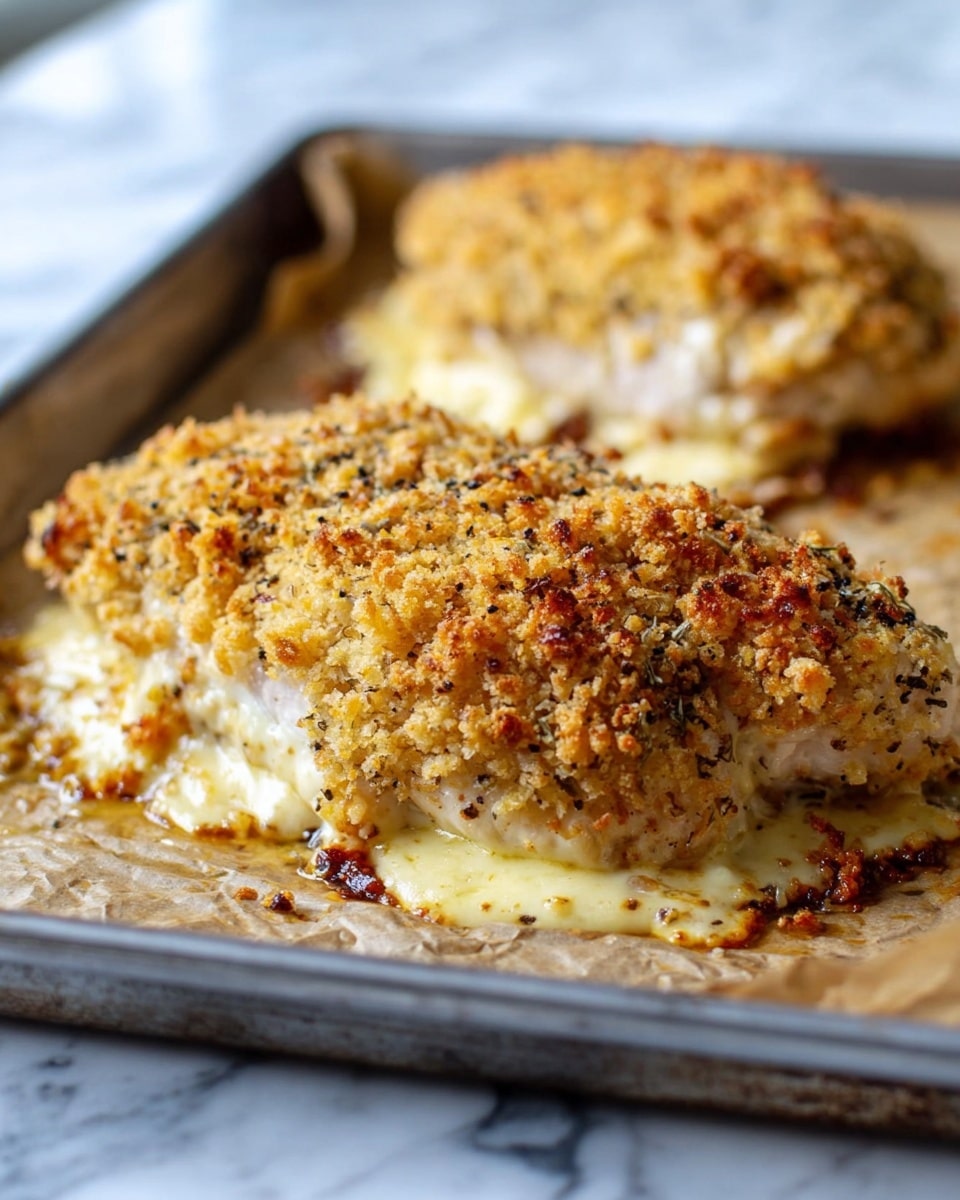 The image shows two large pieces of cooked chicken topped with a thick, golden-brown crumb crust that looks crispy and crunchy. The crumb layer has a mix of light gold and slightly darker brown spots, showing a toasted texture. Underneath the crumb topping, there is a creamy layer with light yellow cheese melted and bubbling around the edges, with some browned bits where the cheese met the baking tray. The chicken itself is light beige with small black pepper specks on top. The food is on a metal baking tray lined with crinkled parchment paper resting on a white marbled surface. The focus is sharp on the front piece of chicken, with the other piece softly fading in the background. Photo taken with an iphone --ar 4:5 --v 7
