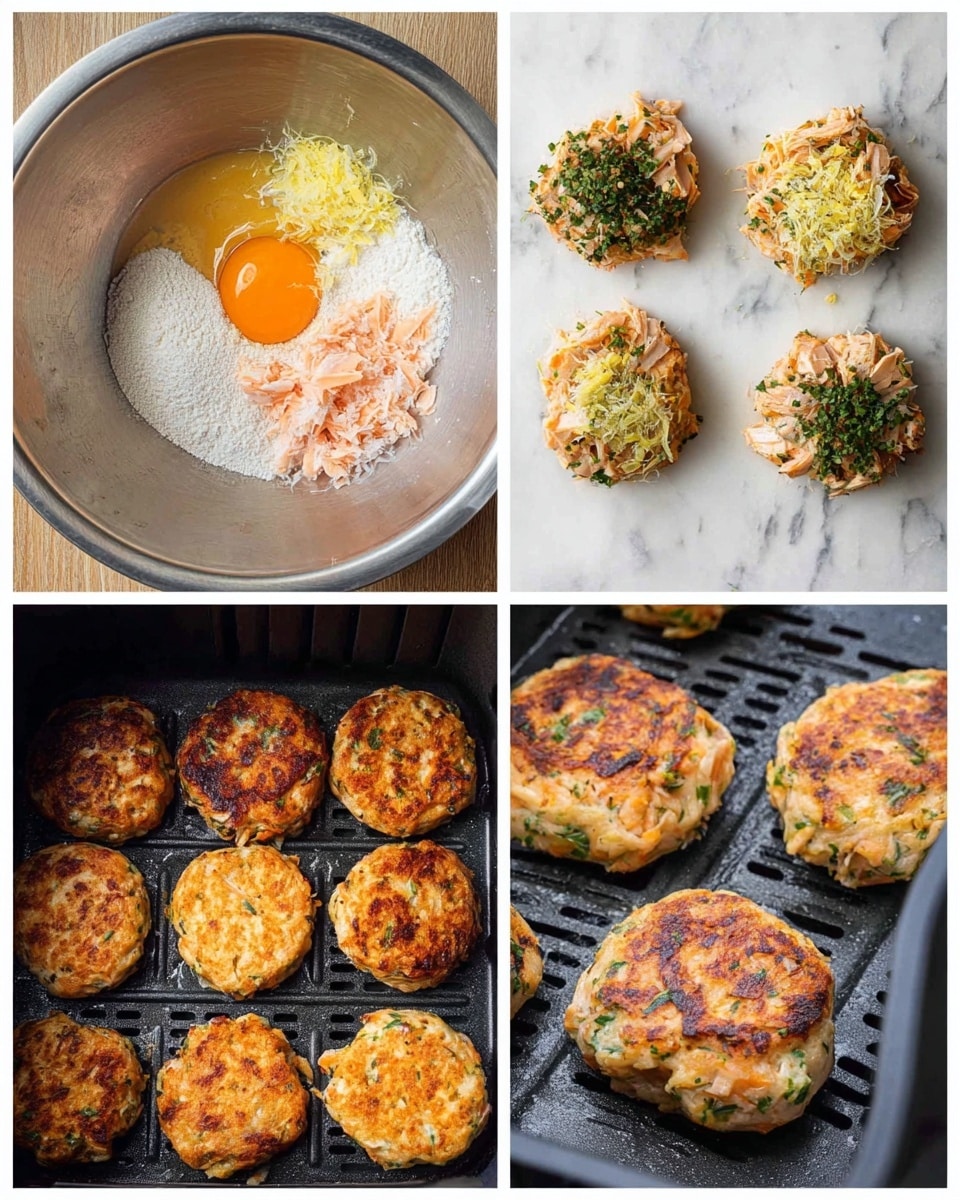 The image is divided into four parts showing the process of making patties. The top left part shows a silver bowl with layers of ingredients: an orange egg yolk, white flour dust, pink shredded fish or chicken pieces, yellow lemon zest, and green chopped herbs, all unmixed. The top right part shows six round, thick raw patties with a bumpy texture, speckled with green herbs and orange fish or chicken, placed on a white marbled surface dusted with flour. The bottom left part shows six flattened uncooked patties arranged on a black air fryer tray. The bottom right part shows six cooked patties with a golden-brown crispy outside, slightly charred in some spots, still on the black air fryer tray. Photo taken with an iphone --ar 4:5 --v 7