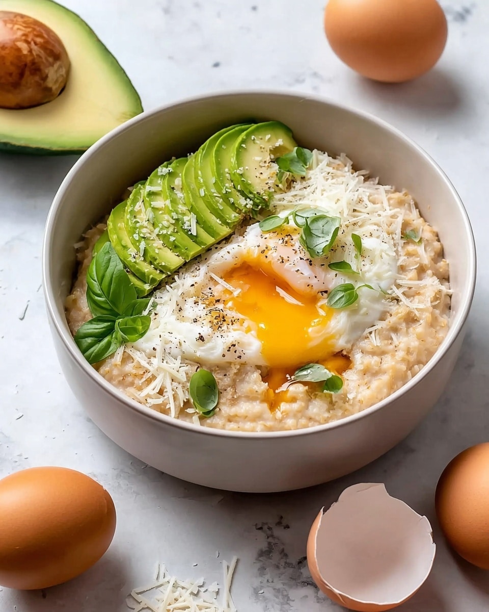 A white bowl filled with creamy oatmeal forms the base layer, with a smooth light brown texture. On one side, several slices of bright green avocado are neatly arranged, showing their soft texture. A poached egg sits in the middle on top of the oatmeal, its white firm but soft, with the yellow yolk slightly broken and oozing out. White shredded cheese is sprinkled lightly over the avocado and egg, and small pieces of fresh green basil leaves are scattered on top. The bowl is placed on a white marbled surface, surrounded by an avocado half with a smooth green inside, two whole brown eggs, and an empty cracked eggshell in front. Photo taken with an iphone --ar 4:5 --v 7