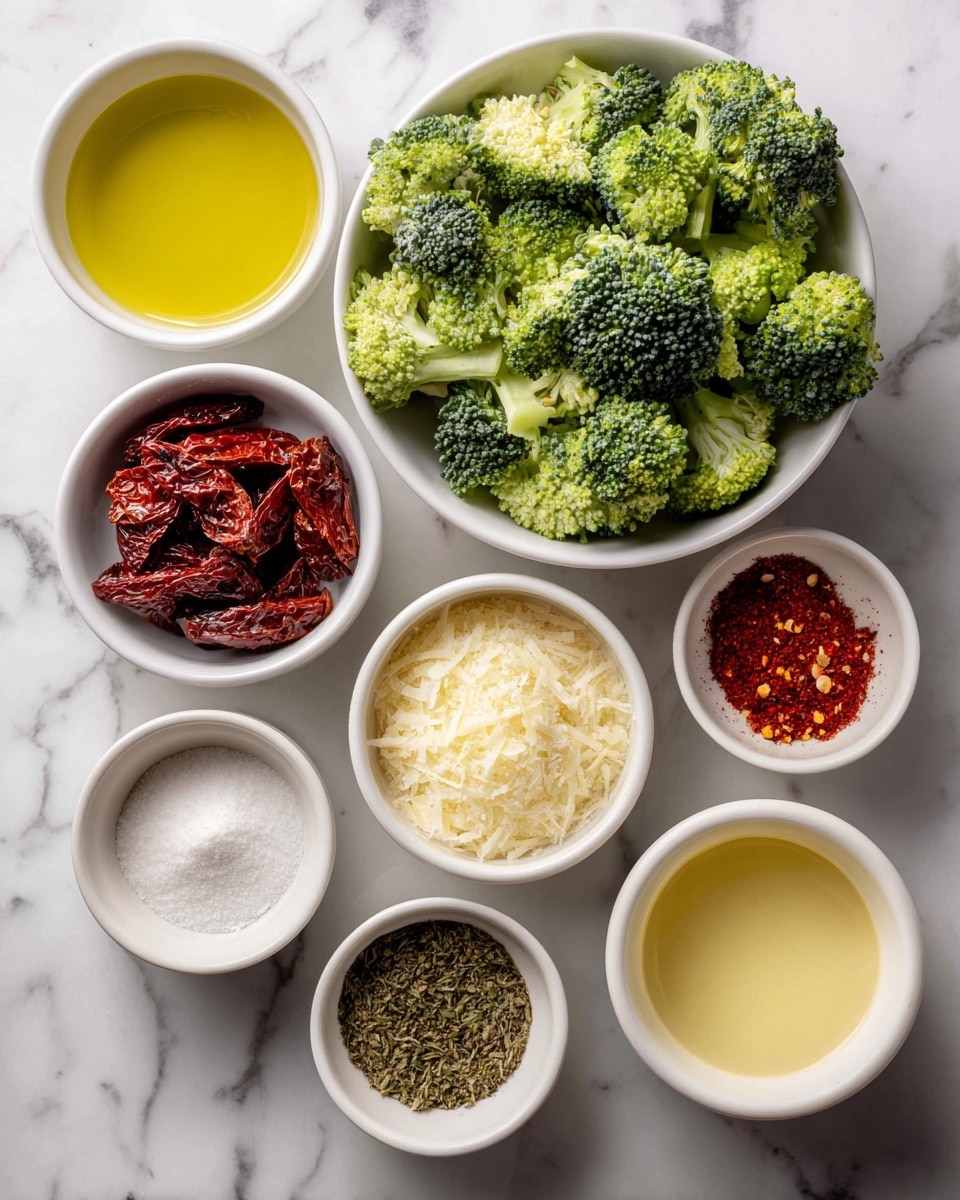 The image shows nine small white bowls arranged on a white marbled surface, each containing different ingredients. Starting from the top right, there is a bowl full of fresh bright green broccoli florets. To the left of it is a bowl with clear light yellow avocado oil. Below the broccoli is a bowl with reddish-brown sun-dried tomatoes. Next to the sun-dried tomatoes, toward the right, is a bowl filled with finely grated off-white Parmesan cheese. To the right of the cheese is a small bowl with coarse white salt. Below the cheese and salt are three smaller bowls in a row: the left one has dried green Italian seasoning, the middle one has bright red paprika powder, and the right one has dark ground pepper. In the middle bottom, there is a bowl filled with more light yellow unsalted chicken stock. Above the stack, to the left, is a very small bowl with some red pepper flakes. The bowls have a simple, clean look and are placed neatly for a clear view of each ingredient. photo taken with an iphone --ar 4:5 --v 7