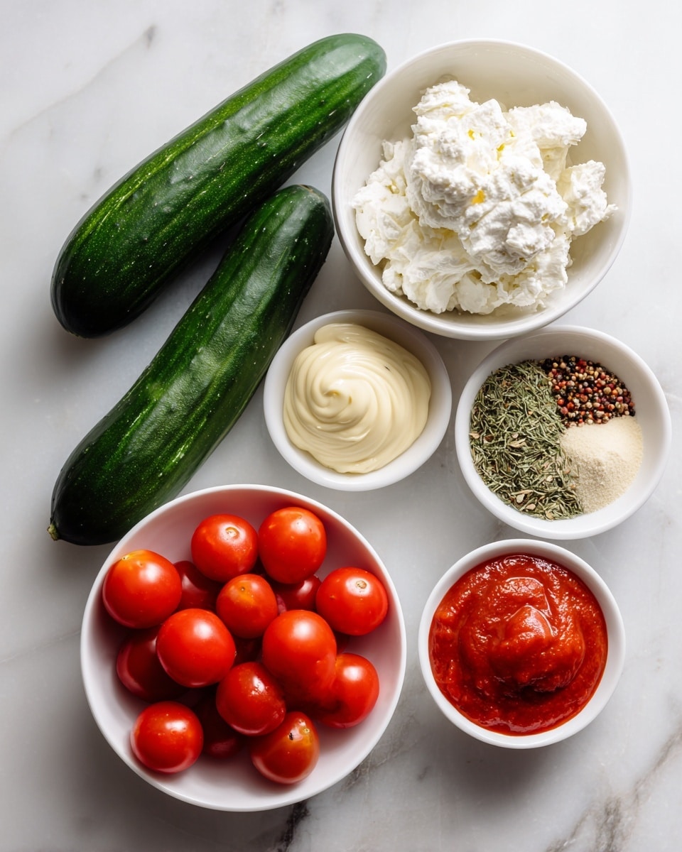 The image shows fresh ingredients placed on a white marbled surface. There are two whole cucumbers with dark green skin lying side by side. Next to them, there is a white bowl filled with soft, white cream cheese. A separate white bowl contains halved cherry tomatoes that are bright red and shiny. Nearby, there is a small white bowl holding pale yellow mayonnaise. Another white dish has a mix of green dried dill, light beige garlic powder, dried parsley, onion powder, poppy seeds, and salt arranged neatly. Lastly, a small white bowl with vibrant red hot sauce completes the setup. Photo taken with an iphone --ar 4:5 --v 7