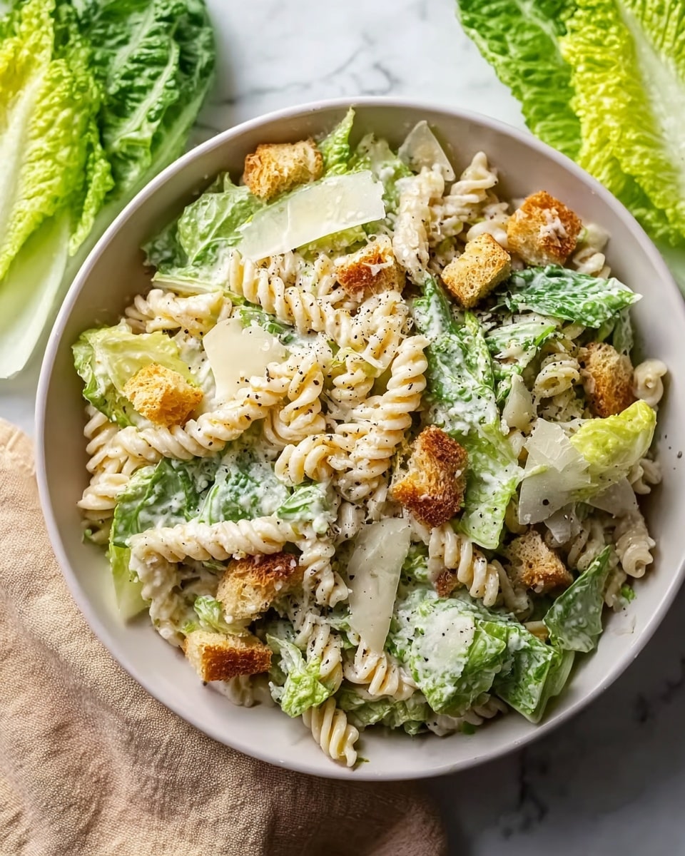 A white bowl holds a pasta salad with spiral rotini pasta that is light beige and creamy in texture, spread evenly throughout the dish. Mixed with the pasta are fresh romaine lettuce leaves in different shades of green, layered in chunks and torn pieces, covered lightly with creamy dressing. On top, there are small golden-brown croutons scattered, each with a rough toasted texture. Thin, pale yellow cheese shavings lie over the salad, adding a slight shine and contrast. The bowl rests on a white marbled surface, next to fresh romaine lettuce heads, and a beige cloth is partially visible on the side. Photo taken with an iphone --ar 4:5 --v 7