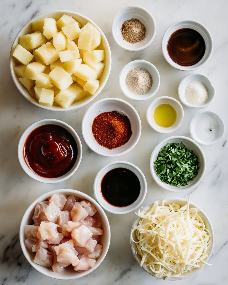 A white bowl filled with light yellow potato cubes sits on the top left of a white marbled surface. Next to it, arranged in a neat grid, are small white bowls with various dry and liquid ingredients: a small bowl of thick, dark reddish-brown BBQ sauce; a bowl with dark brown Worcestershire sauce; a bowl of reddish-brown smoked paprika; a bowl with light yellow olive oil; a small bowl of off-white garlic powder; another with light brown onion powder; finely chopped green parsley in a bowl; a bowl with a mix of salt and pepper; and a bowl of light brown sugar. Below, there is a white bowl filled with small pieces of pale pink chicken, and next to it is a bowl of shredded white-yellow mozzarella cheese. The whole setup is arranged neatly on a clean white marbled surface. photo taken with an iphone --ar 4:5 --v 7