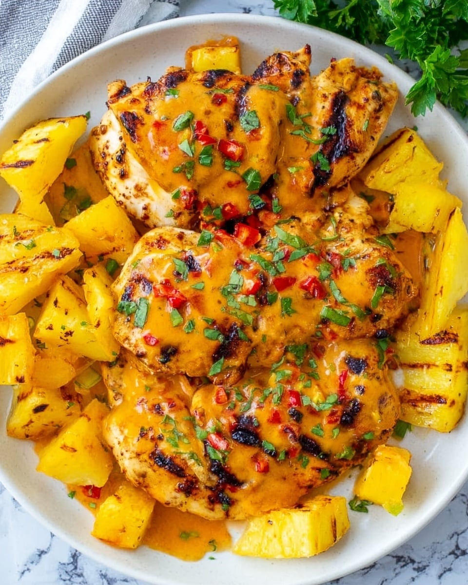 The image shows a close-up of a dish with grilled chicken strips placed on top of cooked yellow bell pepper pieces, all arranged in a white plate. The chicken has a golden-brown grilled texture with visible char marks and a tender white inside. The yellow bell peppers look soft and slightly shiny, mixed with some chopped fresh green herbs sprinkled over the top. The background surface is a white marbled texture. photo taken with an iphone --ar 4:5 --v 7