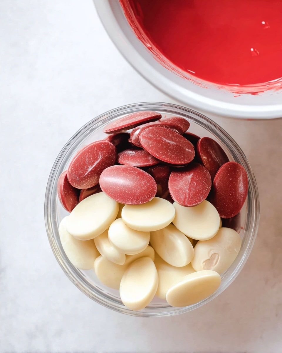 The image shows a transparent bowl filled with two types of oval-shaped chocolate pieces, stacked together. The bottom layer consists of smooth, creamy white chocolate ovals with a slight shine and a coffee bean-like shape on top. The upper layer is made up of matte, deep red chocolate ovals with a similar size and shape, some stacked at different angles. In the top left corner, there is a small part of a white mixing bowl filled with a glossy, thick, bright red liquid. All items are placed on a white marbled texture surface. photo taken with an iphone --ar 4:5 --v 7