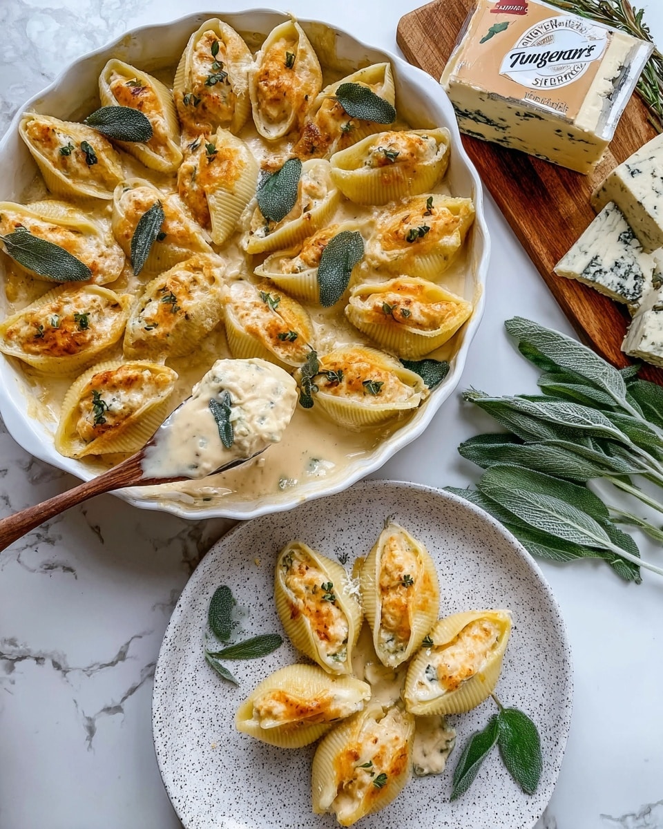 A white round plate holds large pasta shells arranged in a circle, each shell filled and covered with creamy melted cheese that is golden brown on top. Dark green sage leaves are placed evenly on and between the shells, adding a fresh color contrast. The cheese sauce beneath the shells looks smooth and creamy, pooling slightly around the edges. The pasta shells have a light yellow color with a slightly crisp baked texture on top. The plate sits on a white marbled surface. photo taken with an iphone --ar 4:5 --v 7