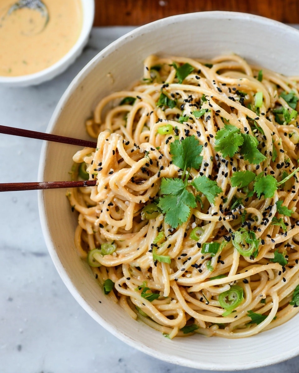 A white bowl filled with creamy light beige noodles that have a smooth texture, mixed with small green onion pieces and fresh cilantro leaves scattered on top. Black and white sesame seeds are sprinkled over the noodles, adding contrast. A pair of chopsticks is holding a small tangle of noodles on the left side of the bowl. In the upper left corner, a small white bowl with a light beige sauce is partially visible. The whole scene is set on a white marbled texture. photo taken with an iphone --ar 4:5 --v 7