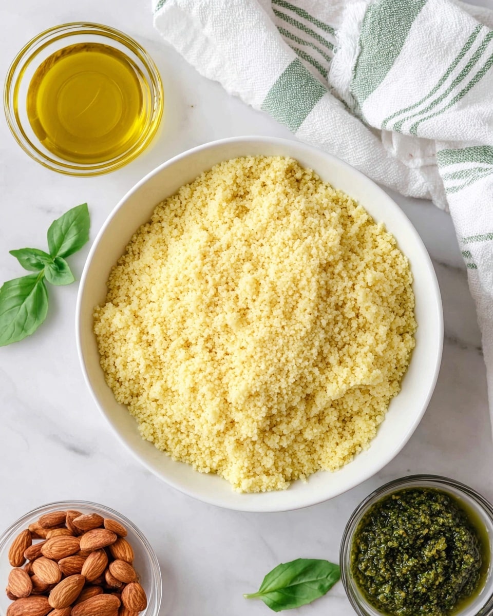 A white bowl is filled with a fluffy, light yellow couscous that has a soft, grainy texture, filling almost to the top and slightly piled in the center. Above and to the left of the bowl, there is a small clear glass container with golden yellow olive oil inside. Below and to the left of the bowl, there is a smaller clear bowl containing whole brown almonds, while to the right, two fresh green basil leaves lie on the white marbled surface. A white bowl filled with dark green pesto sauce with a coarse texture is partially visible on the right edge. A white cloth with green stripes is casually placed above the bowls on the white marbled surface. Photo taken with an iphone --ar 4:5 --v 7
