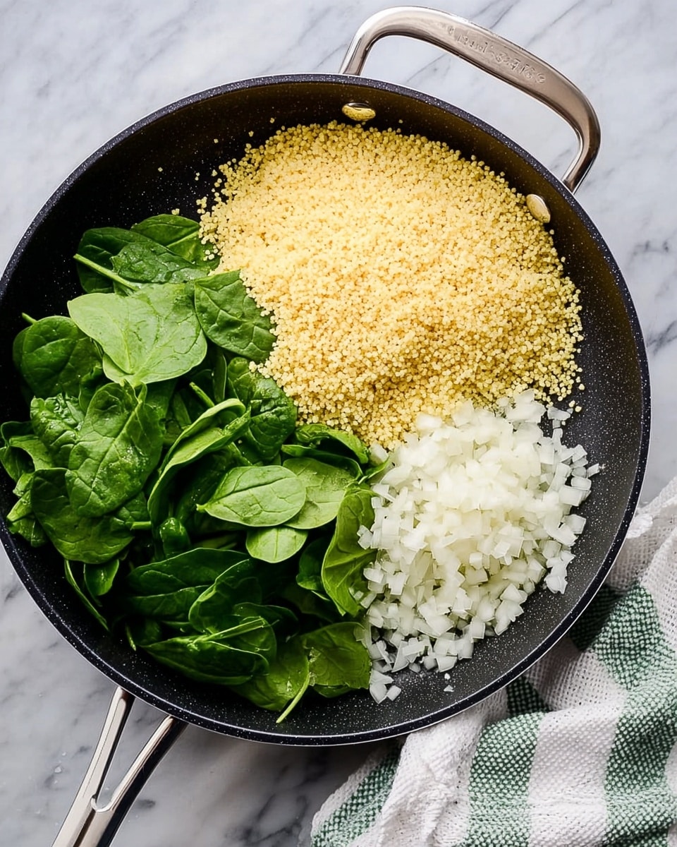 The image shows a black skillet on a white marbled surface. Inside the skillet, there are three main sections: fresh green spinach leaves on the left, a pile of yellow couscous on the top right, and finely chopped white onions at the bottom right. The skillet has a silver handle, and a white and green checkered cloth is placed to the right on the surface. Photo taken with an iphone --ar 4:5 --v 7