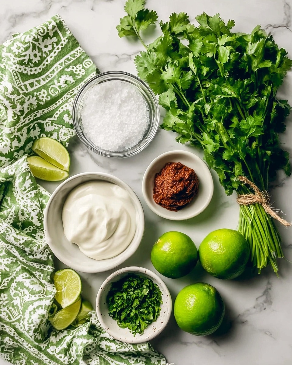 The image shows a top-down view of cooking ingredients arranged on a white marbled surface. On the right side, there is a large bunch of fresh green cilantro tied with string. Near the cilantro, there are four whole bright green limes, and next to them is a white bowl filled with coarse white salt. Above the salt, there is a small white bowl with a thick reddish-brown paste. Above that bowl, there is a clear glass bowl filled with smooth white cream. To the left of the cream, there is a small white bowl with chopped green herbs. Two lime halves are placed diagonally on the surface: one near the green patterned cloth on the left and one near the salt bowl at the bottom. The green cloth with white patterns is spread on the left side of the image. photo taken with an iphone --ar 4:5 --v 7