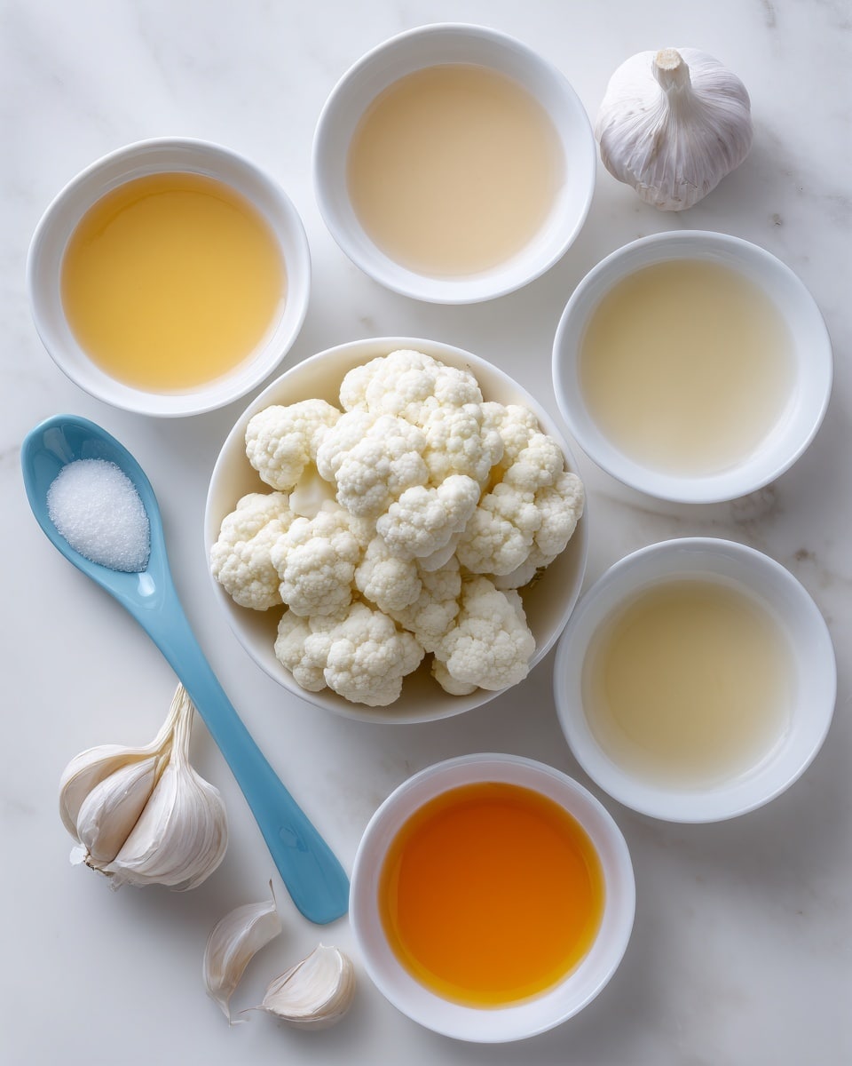 The image shows a top view of five white bowls and one blue spoon on a white marbled surface. In the center is a white bowl filled with white cauliflower florets. Surrounding it clockwise are four white bowls containing different liquids in shades of beige, light yellow, and orange. Below the bowls is a light blue spoon holding white salt. A whole bulb of garlic is placed just above the cauliflower bowl. The composition is clean and bright. Photo taken with an iphone --ar 4:5 --v 7