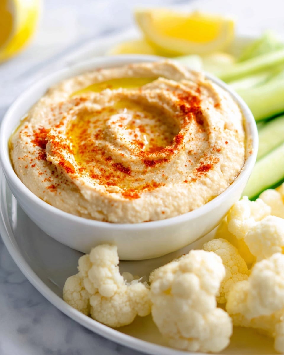 A white bowl filled with creamy beige hummus that has a smooth, slightly fluffy texture, topped with a swirl of golden olive oil and sprinkled with reddish-orange paprika. The bowl sits on a white plate, surrounded by pieces of light yellow cauliflower. In the background, there are slices of green cucumber and a small wedge of yellow lemon, all placed on a white marbled surface. The photo taken with an iphone --ar 4:5 --v 7
