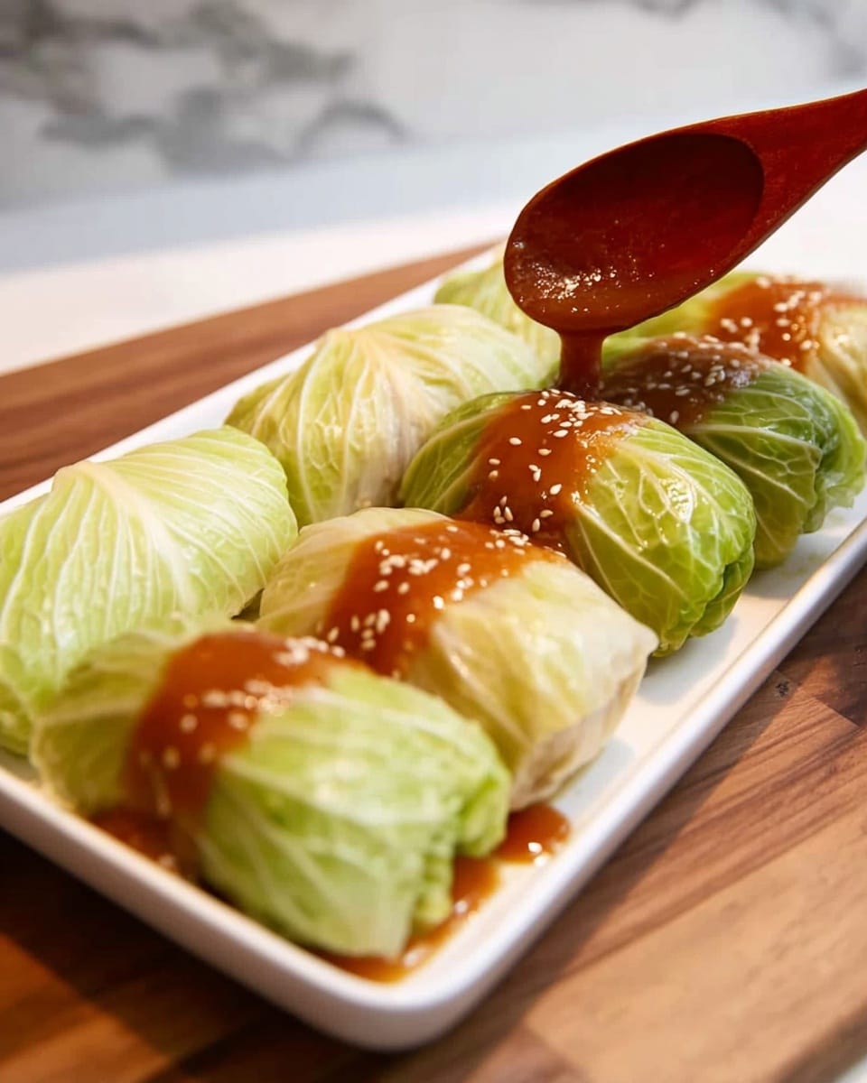 A close-up image shows a round glass container filled with thick brown sauce and a woman's hand holding light green cabbage wrapped food with wooden chopsticks, dipping it into the sauce. The cabbage wrap is tightly rolled with visible white veins and a soft texture, with a shiny layer of sauce coating the bottom half. In the background, several more cabbage wraps lie on a wooden board. The scene is set against a white marbled surface and tiled wall. Photo taken with an iphone --ar 4:5 --v 7