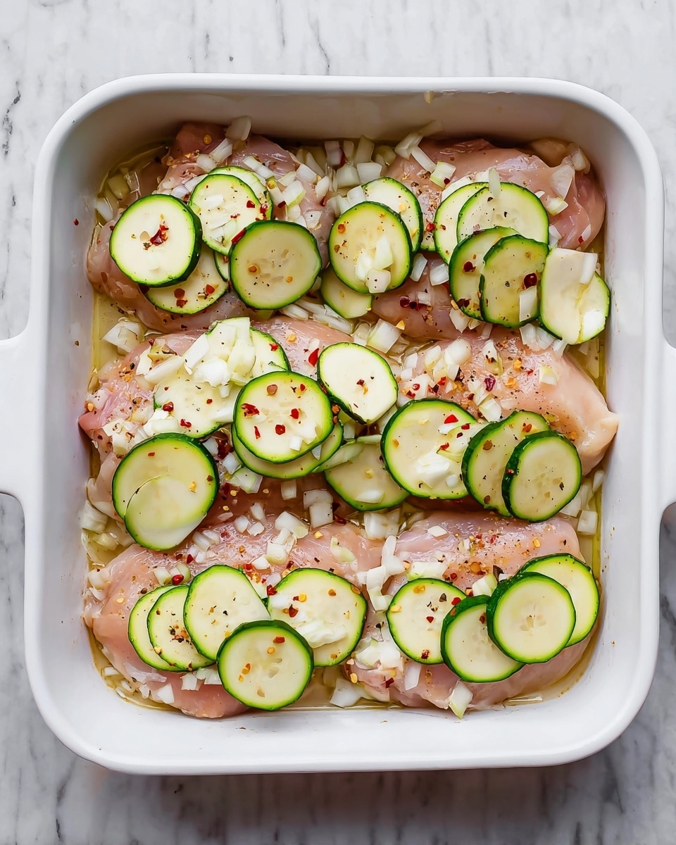 The image shows a white baking dish filled with four raw chicken pieces arranged side by side. Each piece has a light pink color marinated with visible black pepper and red chili flakes. On top of the chicken, there are thin slices of green zucchini placed evenly across all pieces, covering most of the surface in a scattered pattern. Small white chopped onion pieces are sprinkled over the chicken and zucchini, adding texture contrast. The dish is placed on a white marbled surface. photo taken with an iphone --ar 4:5 --v 7