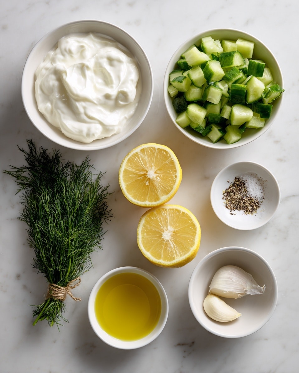 The image shows seven ingredients arranged neatly on a white marbled surface. At the top center, there is a round white bowl filled with smooth, creamy white Greek yogurt. To the right of it, a white bowl is full of small green cucumber pieces, diced evenly. Below the yogurt, near the center, there are two bright yellow lemon halves placed side by side, showing the juicy inside. To the left of the lemons, a small bunch of fresh green dill tied with a string is laid flat. Near the bottom center, a small white bowl holds clear golden olive oil. To the right of the olive oil, a small white bowl contains a single peeled garlic clove. Above the garlic, there is another small white bowl filled with a mix of salt and pepper, showing the coarse texture of the salt and the speckled black pepper. The clean layout and fresh colors stand out against the smooth white marbled background photo taken with an iphone --ar 4:5 --v 7
