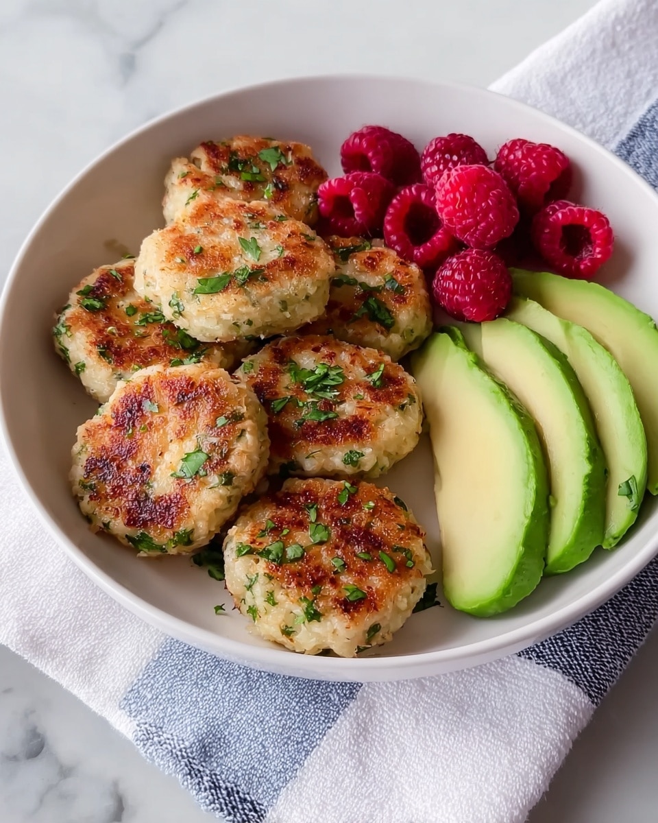 The image shows a white plate with five small, round golden brown patties that have green herbs mixed inside. The patties have a slightly crisp texture and are stacked in the middle of the plate. On the right side of the plate are three bright red raspberries and two thick slices of fresh avocado sprinkled with chopped green herbs. The plate is placed on a white marbled surface. photo taken with an iphone --ar 4:5 --v 7