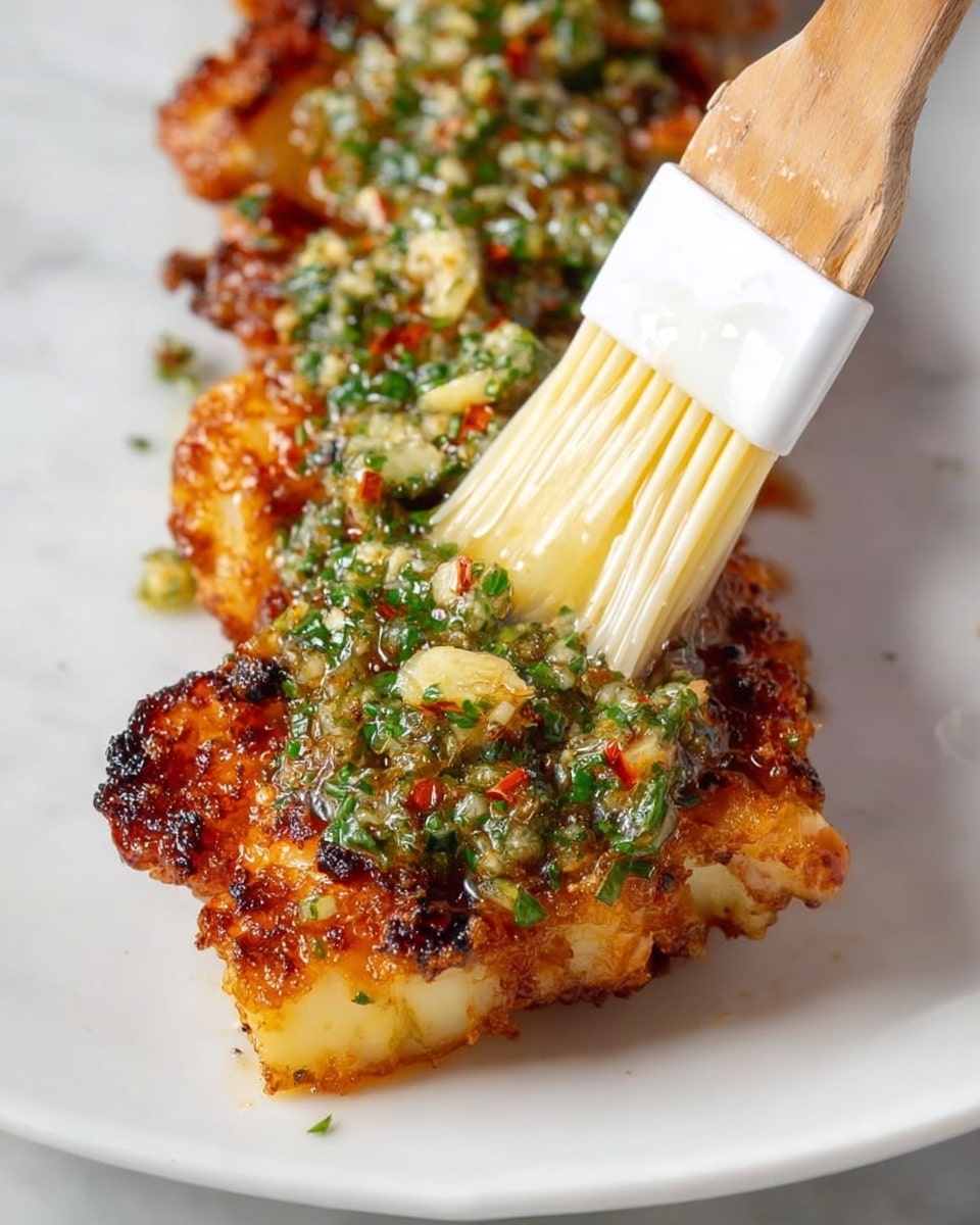 The dish shows a skewer of grilled food, with a golden-brown crispy layer on the bottom that looks cooked and slightly charred. On top, there is a thick layer of sauce made of finely chopped green herbs, minced garlic, and bits of red pepper, giving it a fresh, textured look. A woman's hand is brushing the sauce on with a white silicone brush, adding a shiny glaze. The skewer is placed on a white plate, resting on a white marbled surface. Another similar grilled piece can be seen partially in the background, with the same crispy texture. photo taken with an iphone --ar 4:5 --v 7
