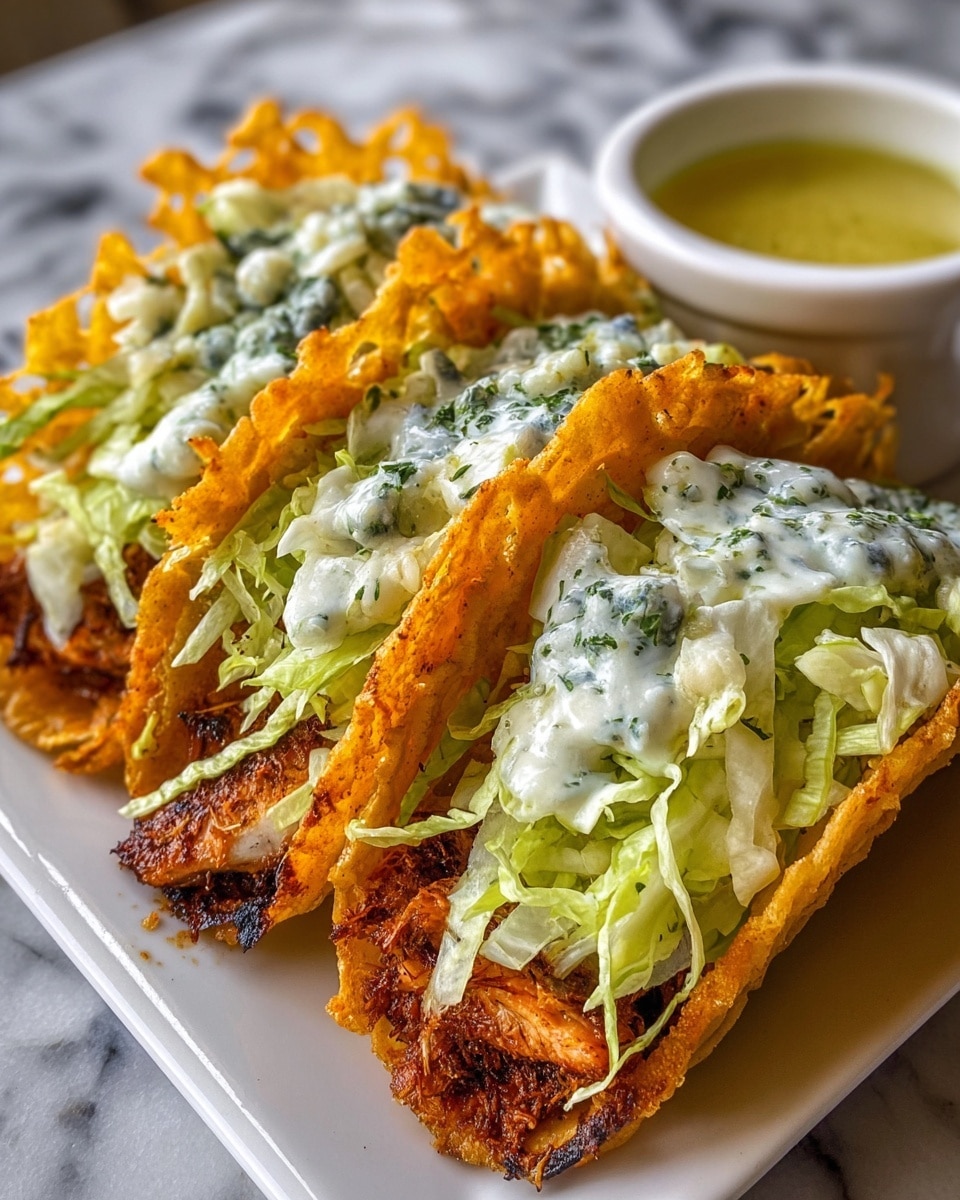 The image shows three tacos placed closely side by side on a white square plate with a white marbled surface underneath. Each taco shell is golden brown and crispy with a slightly rough and lacy edge. Inside each shell, there is a thick layer of grilled, browned meat at the bottom with a charred texture. Above the meat, there is a layer of shredded pale green lettuce that looks fresh and crisp. On top of the lettuce, there is a creamy white sauce with bits of blue-green herbs or spices mixed in, creating a slightly chunky texture. In the background, there is a small white cup filled with a yellowish sauce. Photo taken with an iphone --ar 4:5 --v 7