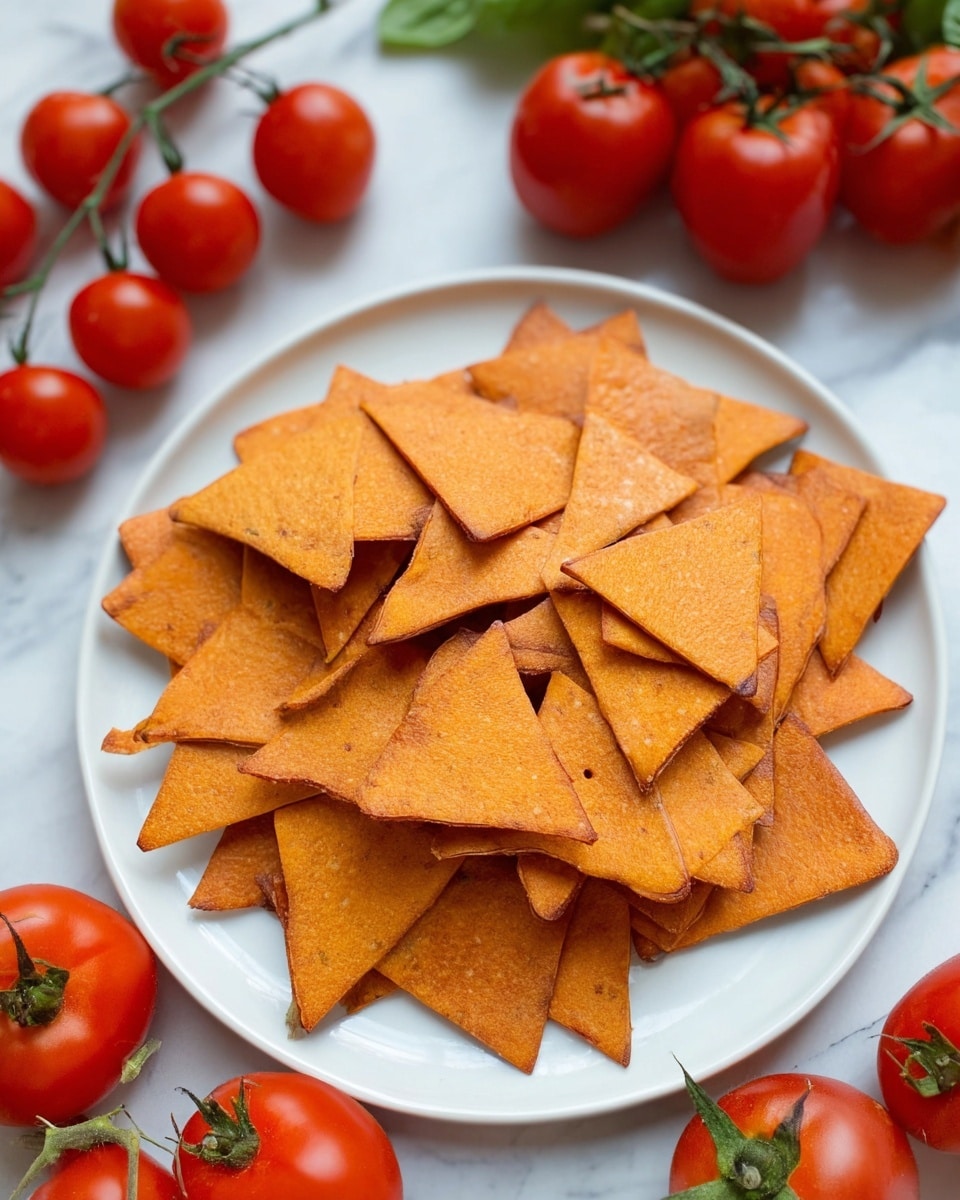 A white plate filled with several triangular orange chips stacked unevenly, showing a slightly rough texture with small dark specks across each chip. The plate is held by a woman's hand, visible at the edge, while fresh green leaves and red tomatoes can be faintly seen in the blurred background. The whole scene rests on a white marbled surface photo taken with an iphone --ar 4:5 --v 7