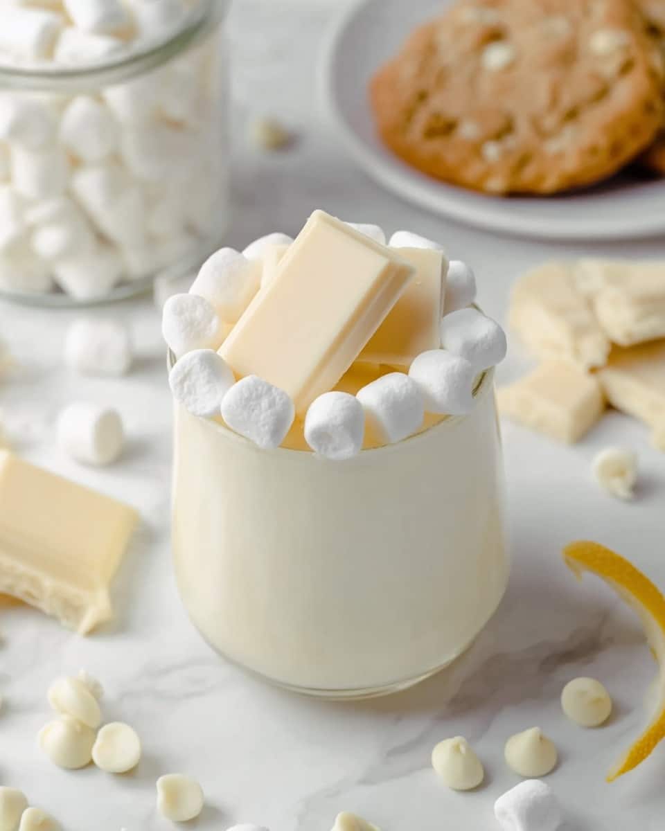 A clear glass filled with a smooth white drink, topped with a ring of small white marshmallows around the edge. A thick square piece of white chocolate sits in the middle on top of the marshmallows, and a thin lemon peel curls from the side of the glass. The glass is placed on a white marbled surface, scattered with some white chocolate chips and pieces of white chocolate. In the background, there is a white plate with an oatmeal cookie and a small glass jar filled with marshmallows. Photo taken with an iphone --ar 4:5 --v 7