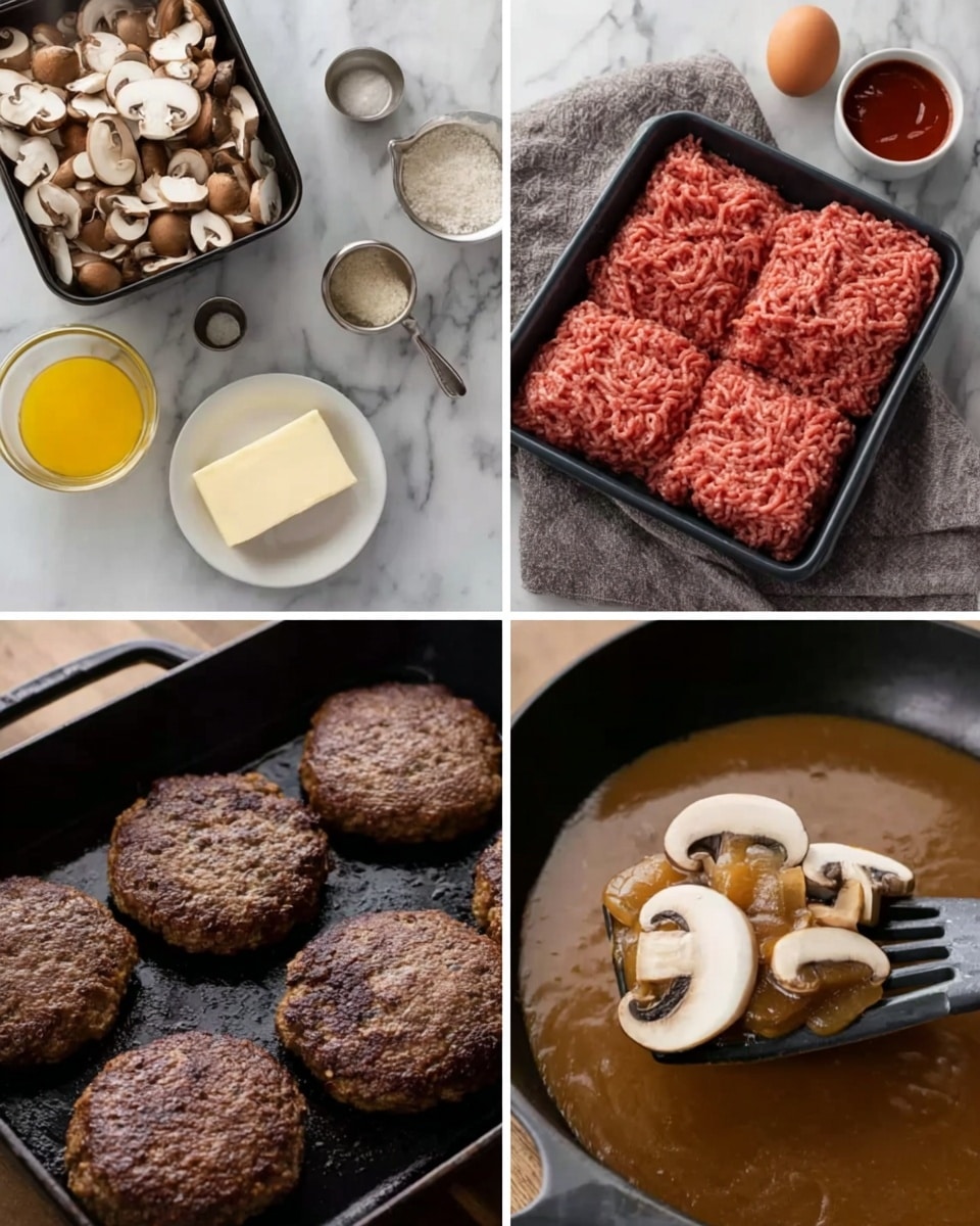The image is divided into four smaller pictures arranged in a grid. The top left shows cooking ingredients on a white marbled surface, including sliced brown and white mushrooms in a black container, a small clear bowl with yellow liquid, two squares of butter on a white plate, a small metal cup with a white powder, a small bowl with light brown powder, and a dark bowl holding glossy red sauce. The top right features a black tray filled with raw, light pink ground meat placed on a gray cloth over the white marbled surface, with a brown egg and small bowls with ketchup and other ingredients in the backdrop. The bottom left captures four cooked, dark brown burger patties on a cast iron pan with some oil, being held by a black spatula on the same white marbled surface. The bottom right shows a close-up of a thick brown sauce with sliced mushrooms floating on top inside a pan on the white marbled surface. photo taken with an iphone --ar 4:5 --v 7