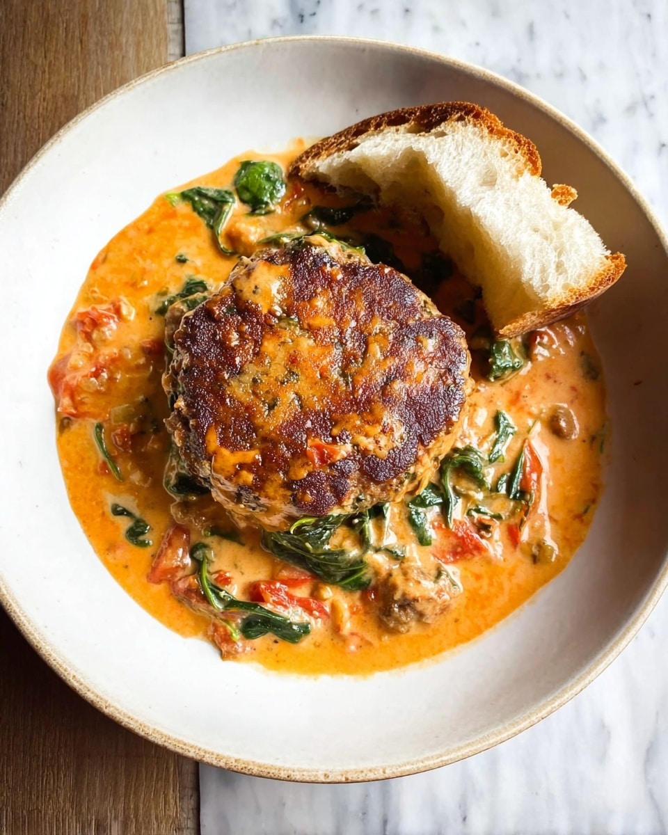 A round, browned patty sits in the center of a white plate, covered partially by a creamy orange sauce with visible chunks of tomato and green spinach leaves, making a textured layer around and slightly on top of the patty; a piece of torn bread leans against the edge of the patty, showing a soft white inside and a slightly crispy crust; the plate rests on a white marbled surface. photo taken with an iphone --ar 4:5 --v 7